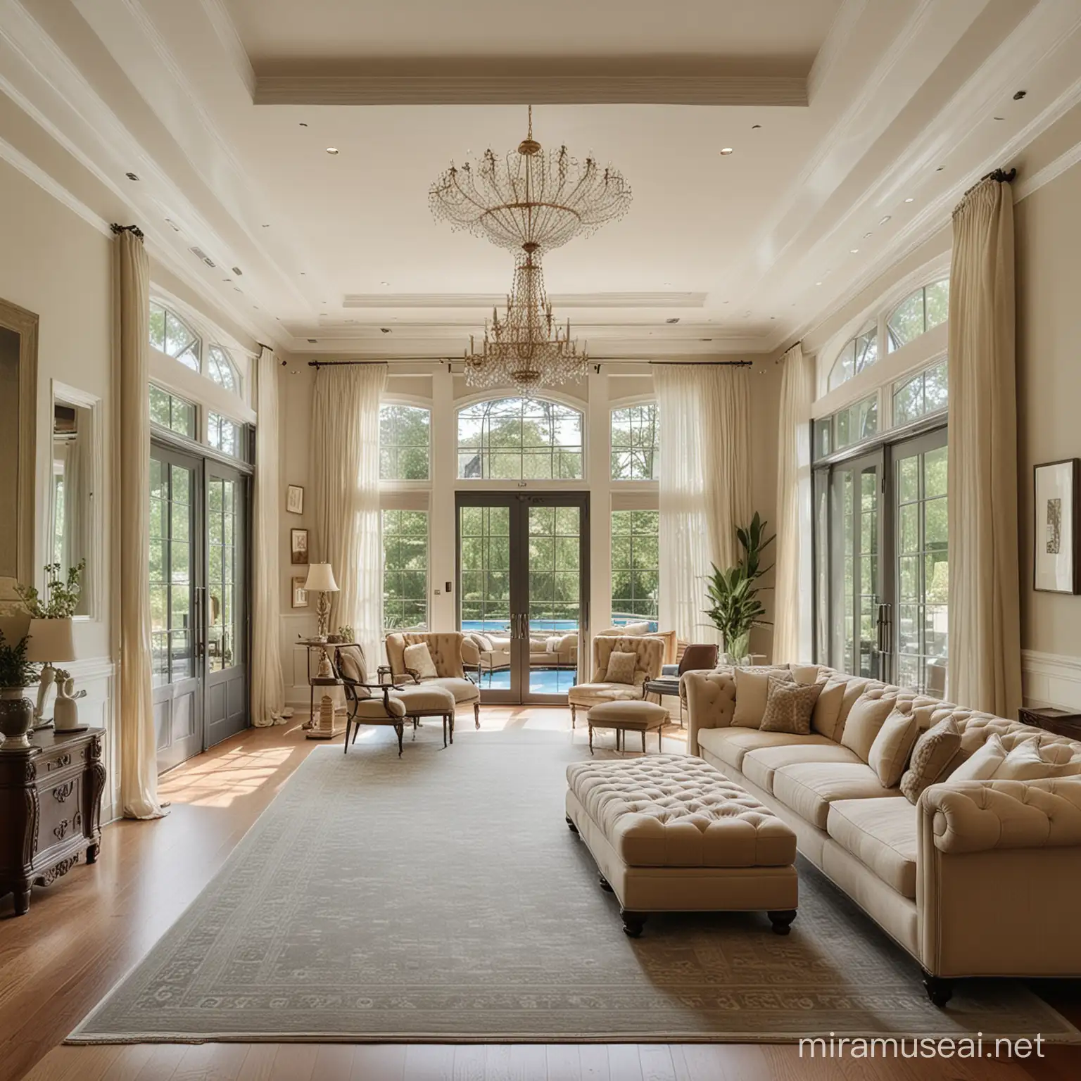 luxurious mansion with expensive decor; American old money; east coast architecture, pool and garden; luxury lounge
