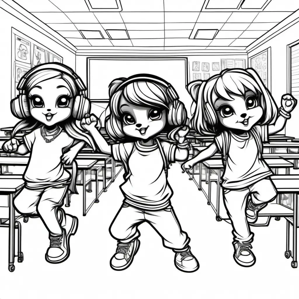 Adorable Hip Hop Puppies Dance in School Classroom Coloring Pages