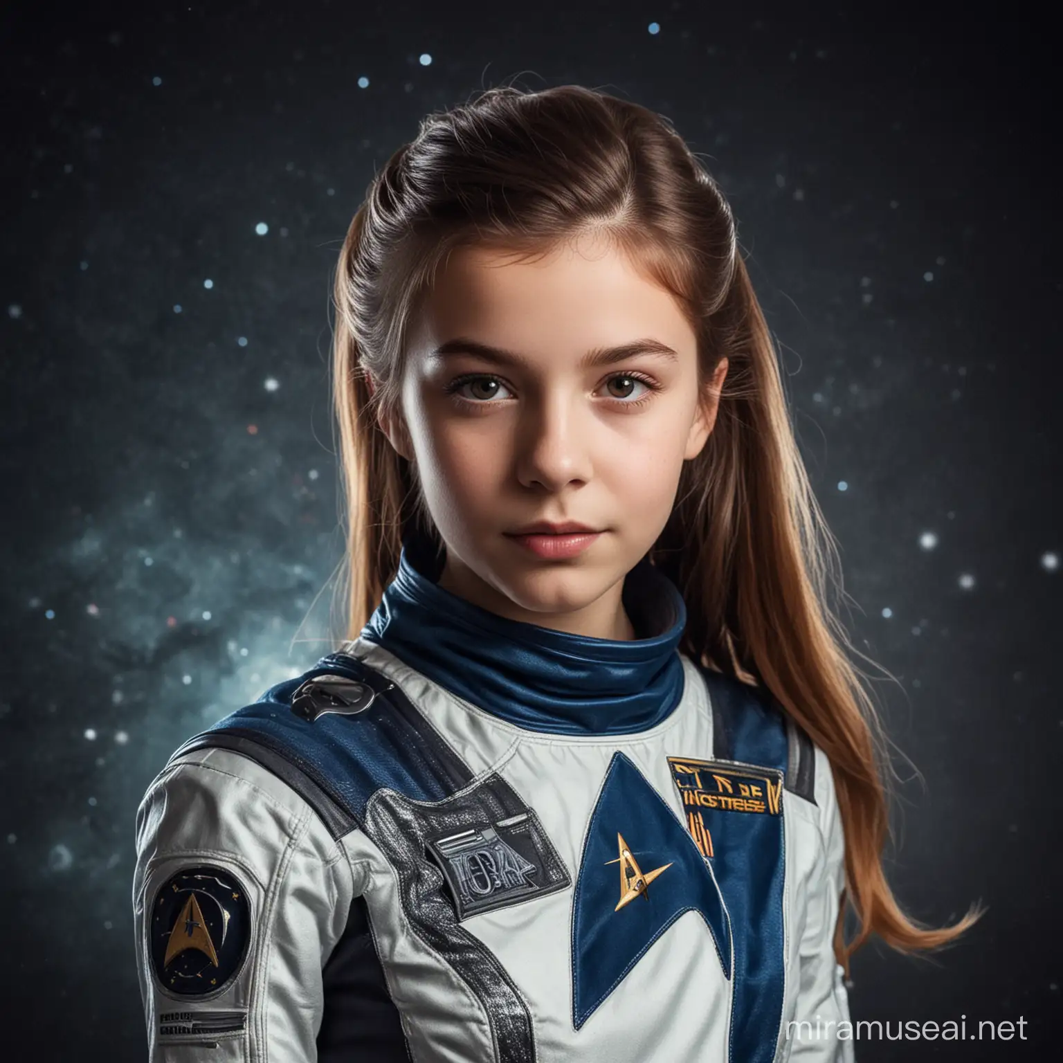 Starry Exploration Beautiful Young Girl in Space Suit with Star Trek Logo