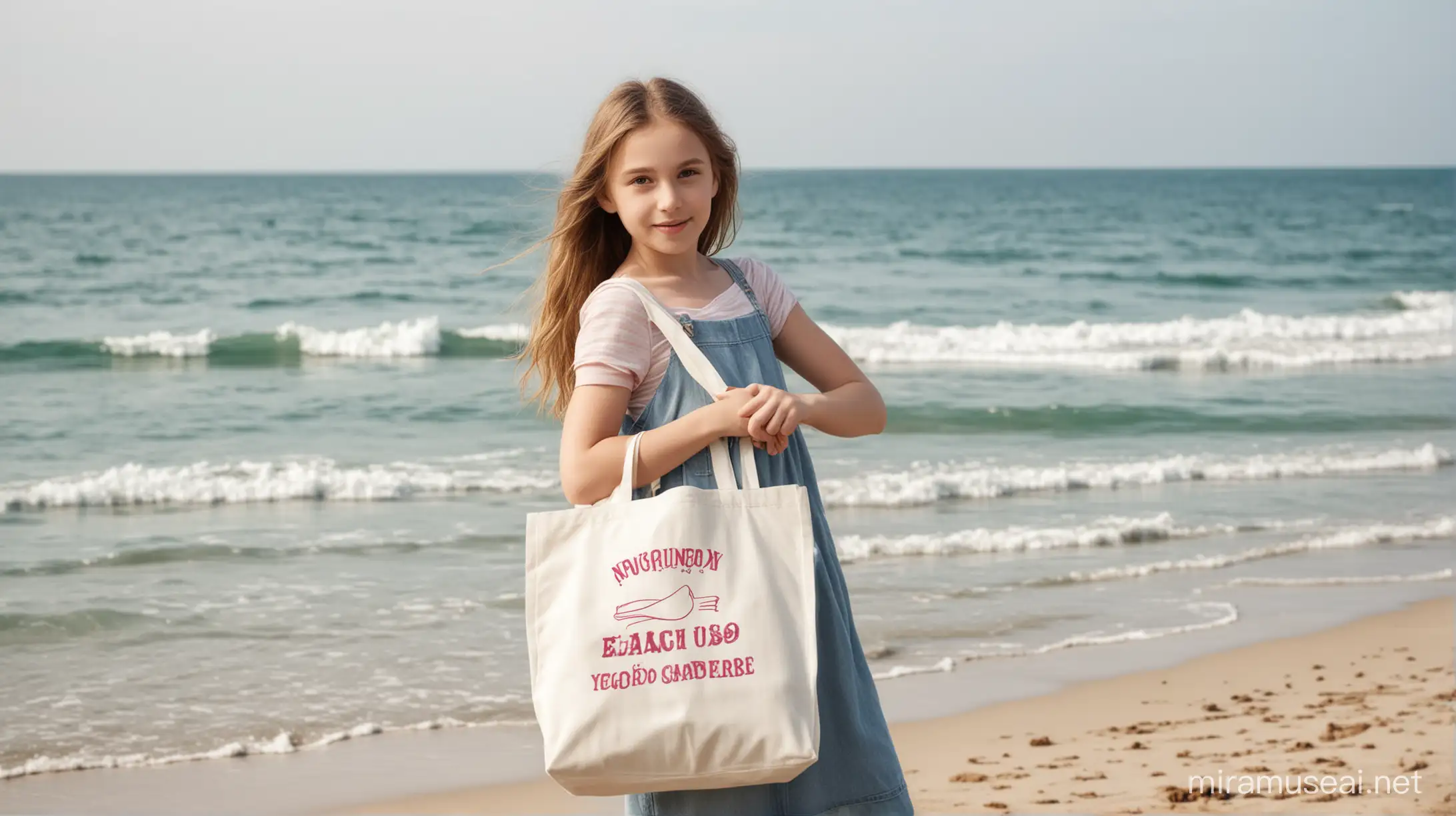 Young Girl 10-12 years old holds Tote Bag in front of , stands on the beach  by the sea photo mockup