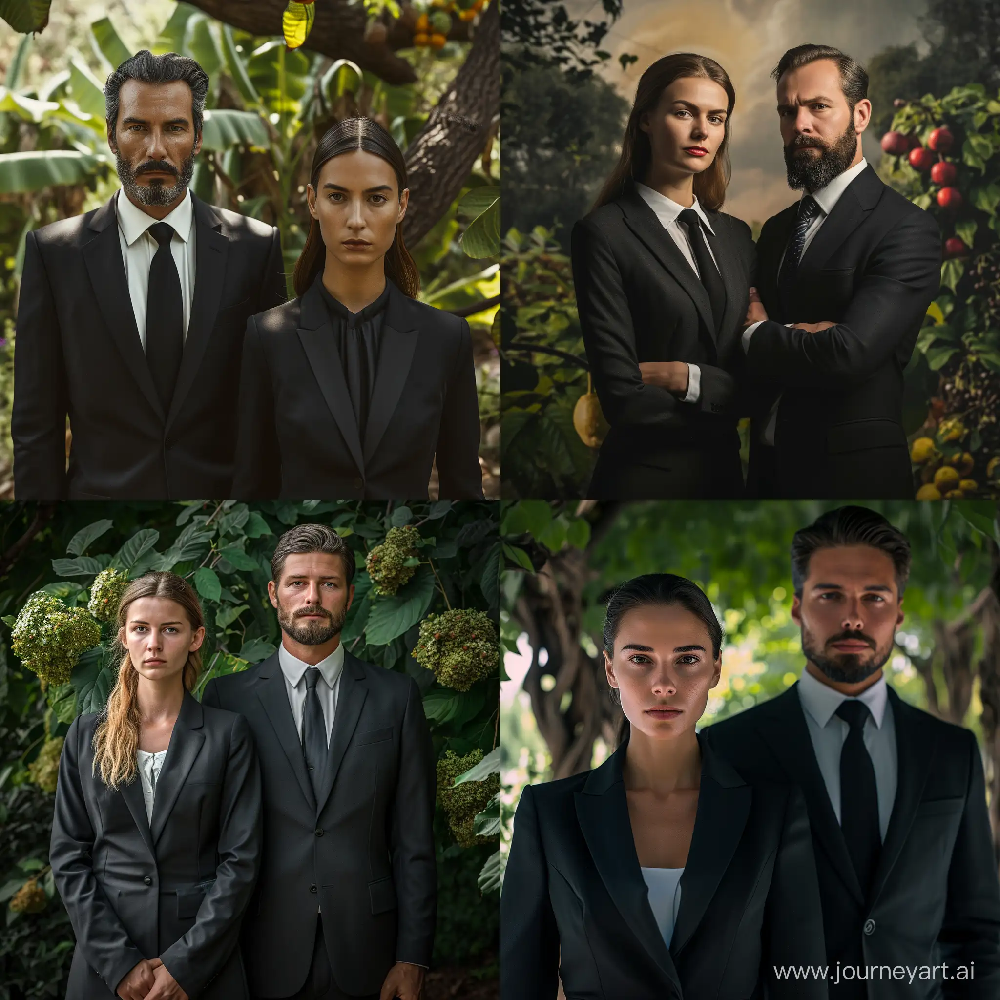 Business woman and man in suit standing side by side, looking directly into the lens; 8k ;photorealisticJesus in the Garden of Eden