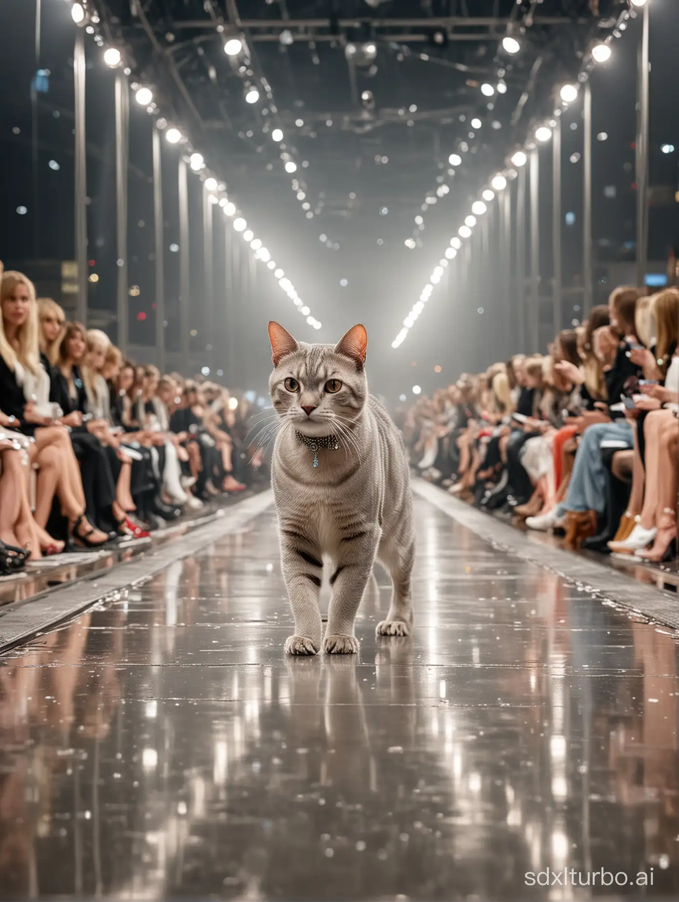 A glamorous fashion show setting for an anthropomorphic cat-themed event. The scene is a long, glittering runway surrounded by dazzling lights. The atmosphere is filled with anticipation and excitement as the audience eagerly awaits the start of the show. The runway is adorned with elegant decorations, reflective surfaces, and a luxurious, modern design, evoking a high-fashion vibe. This image is vertical, optimized for mobile viewing, with a shallow depth of field focusing on the sparkling details of the runway.