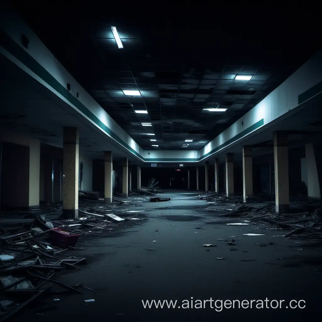 Страшная картинка заброшенного торгового центра,в темноте которого таиться монстр