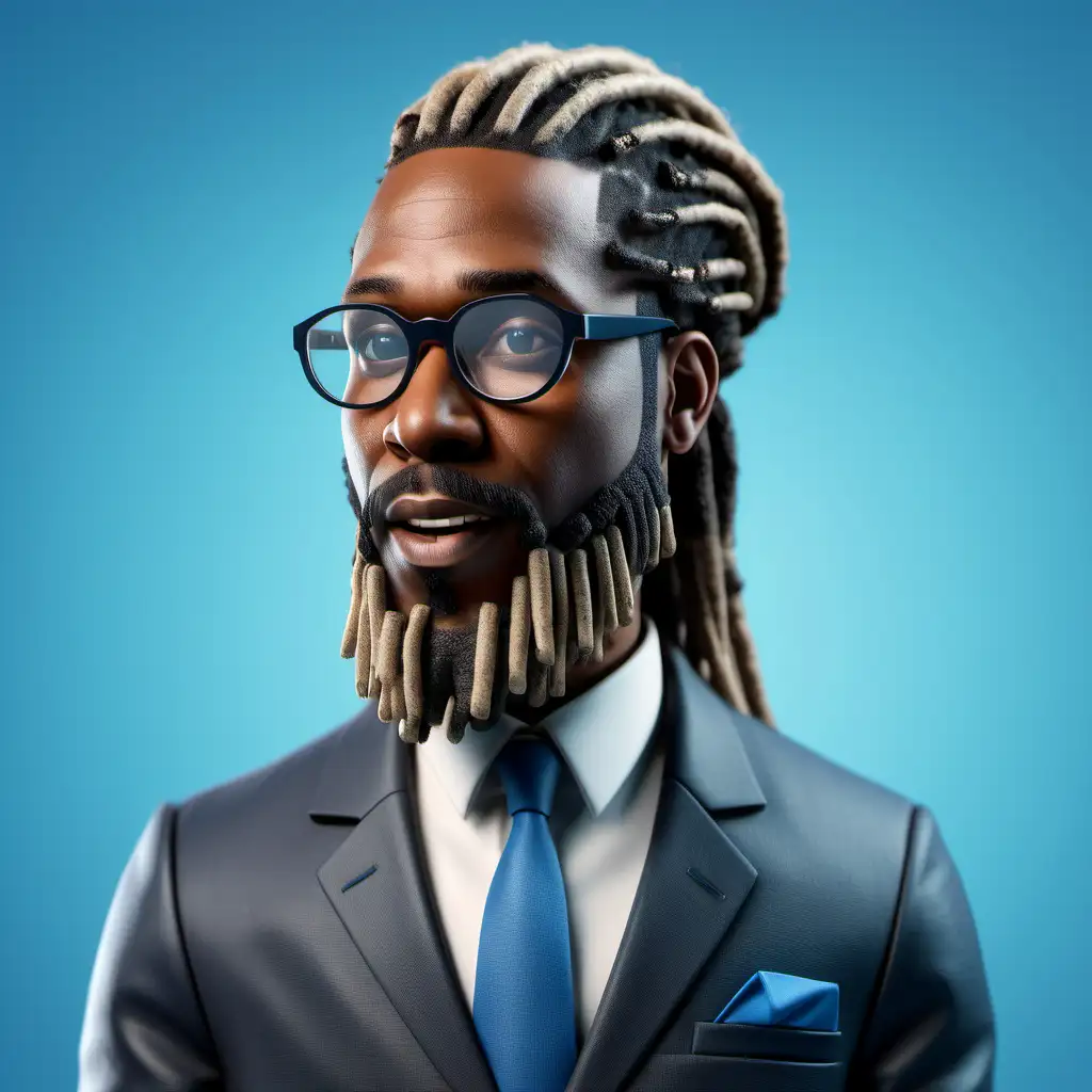 black man with medium length dreadlocks and a thick beard and talking, wearing transparent glasses and a suit, 3d character with blue background