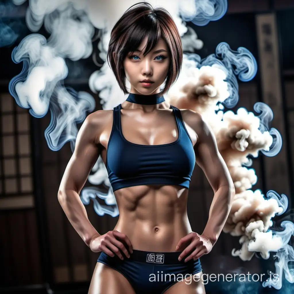 Japanese girl with short hair and blue eyes, perfect physique with sculpted abs and background with smoke