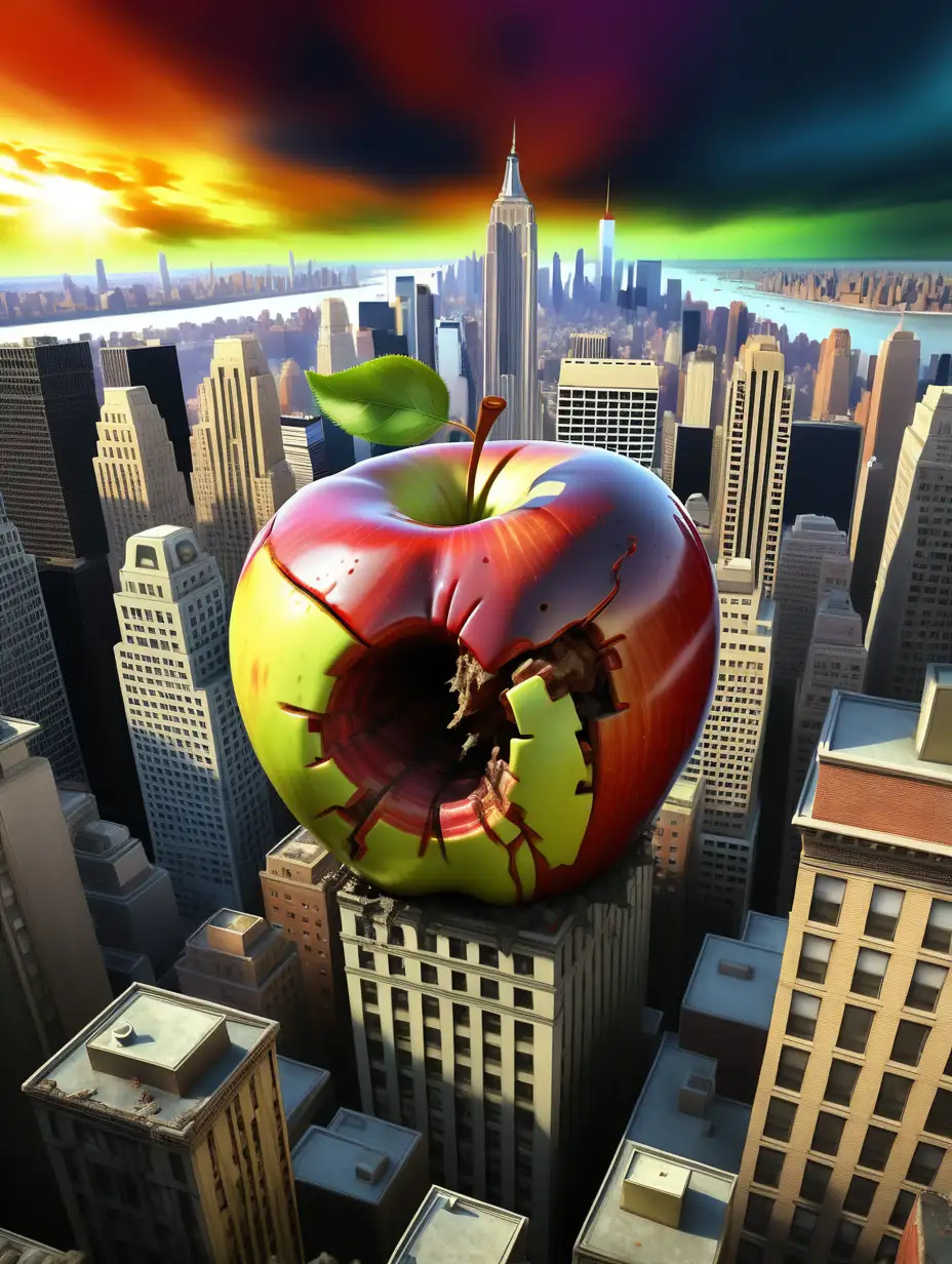 A large apple rotting in the sky above new York city, vivid colors, fine detail, centered.