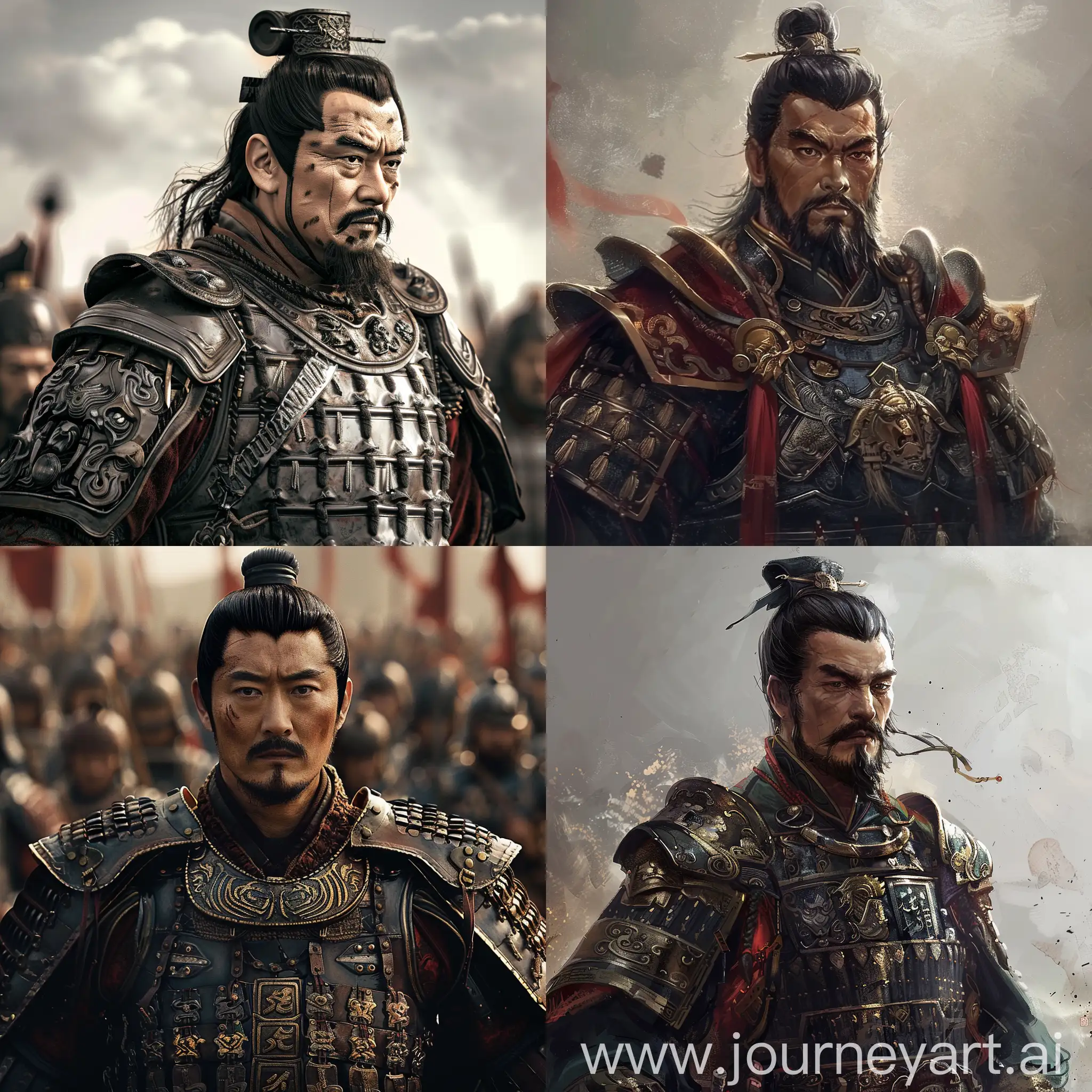 du Yu, 3 kingdom jin dynasty. A powerful military commander clad in ancient battle armor, exuding an imposing presence with a resolute countenance that reflects his leadership qualities