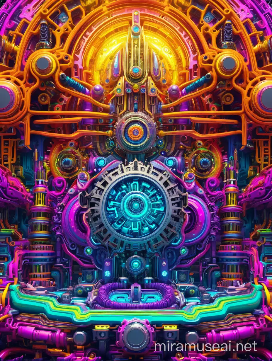 Psychedelic visionary world 3d hyper detailed, vivid colors , machines, engine parts , robotic, engines temaple 
