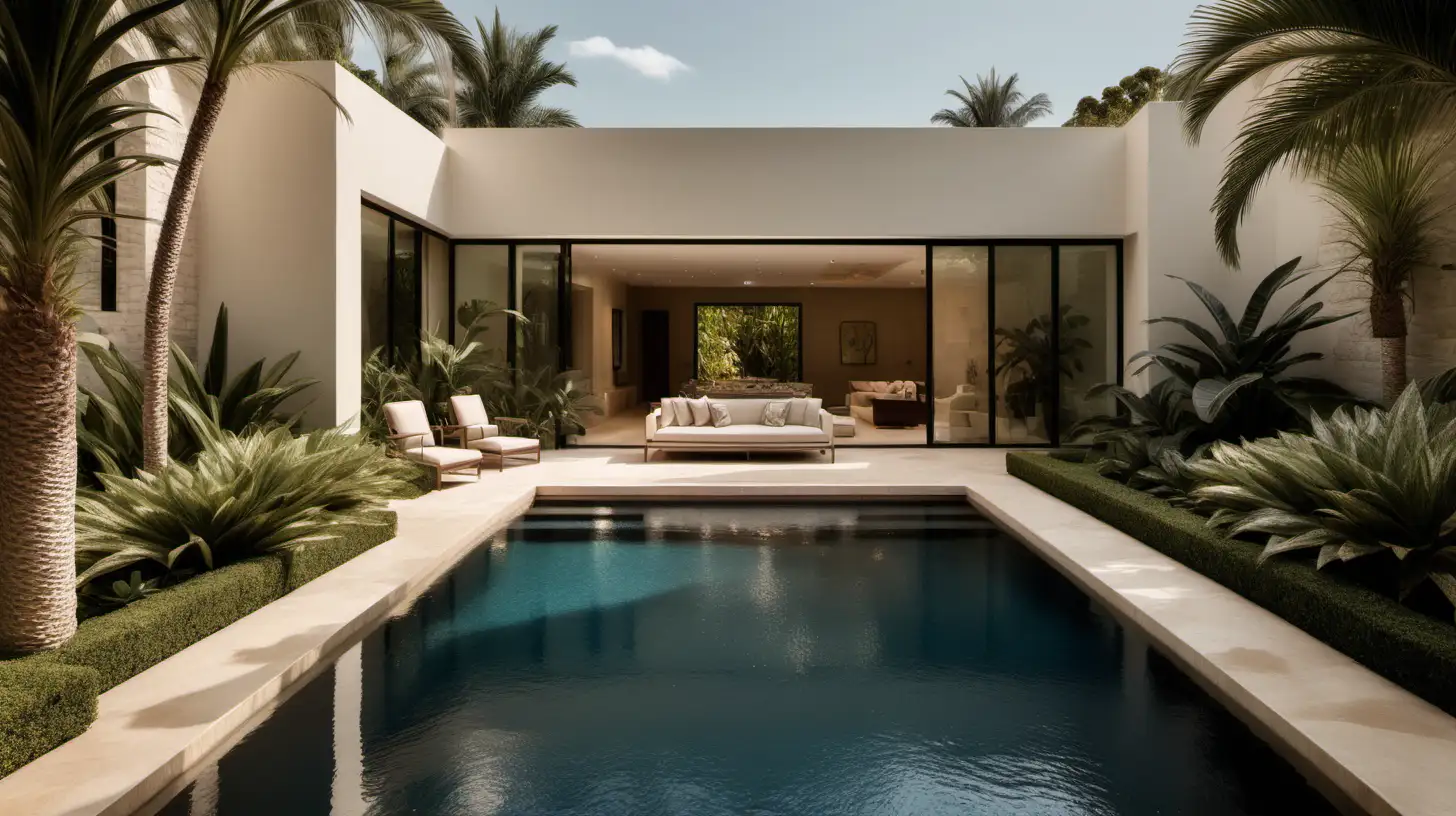 secluded mediterranean modern pool; beige render pool surrounds; surrounded by tropical gardens; clear water