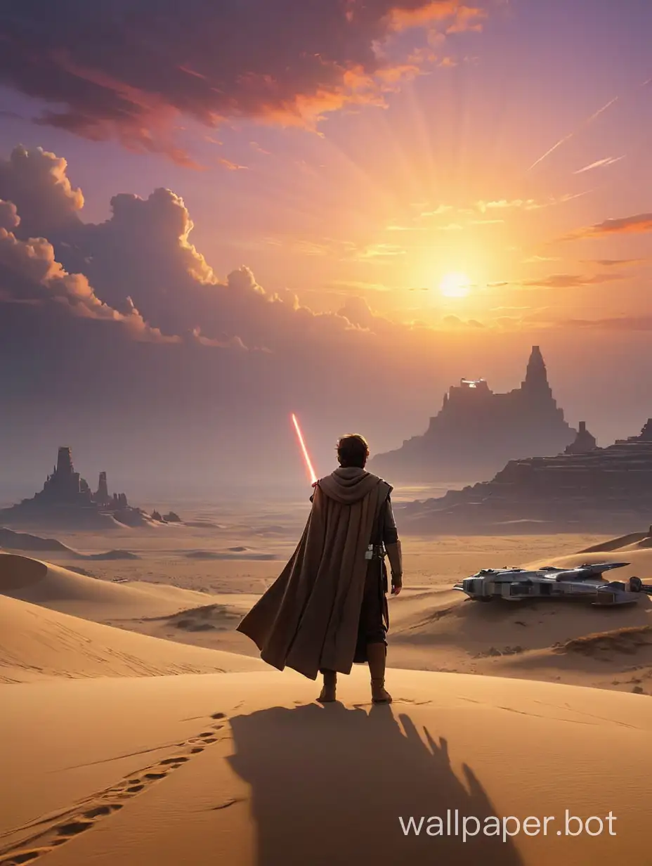 Imagine a breathtaking scene set on the iconic planet of Tatooine at sunset, with its two suns low on the horizon, casting a golden hue across the vast, sandy landscape. In the foreground, a silhouette of a lone Jedi stands atop a small dune, facing away from the viewer, looking towards the horizon. The Jedi's cloak billows in the gentle wind, and a lightsaber is held at their side, the blade retracted. Behind, the silhouette of a Star Wars X-wing fighter is parked, with its S-foils locked in the landing position, casting a long shadow that stretches towards the foreground. The sky is ablaze with orange, pink, and purple, reflecting off sparse, scattered clouds. In the distance, the outline of a small settlement can be glimpsed, with a few lights starting to twinkle as night approaches. The scene encapsulates a moment of calm and reflection, offering a glimpse into the vast and adventure-filled galaxy of Star Wars, inviting the viewer to imagine the stories that unfold in this faraway galaxy.