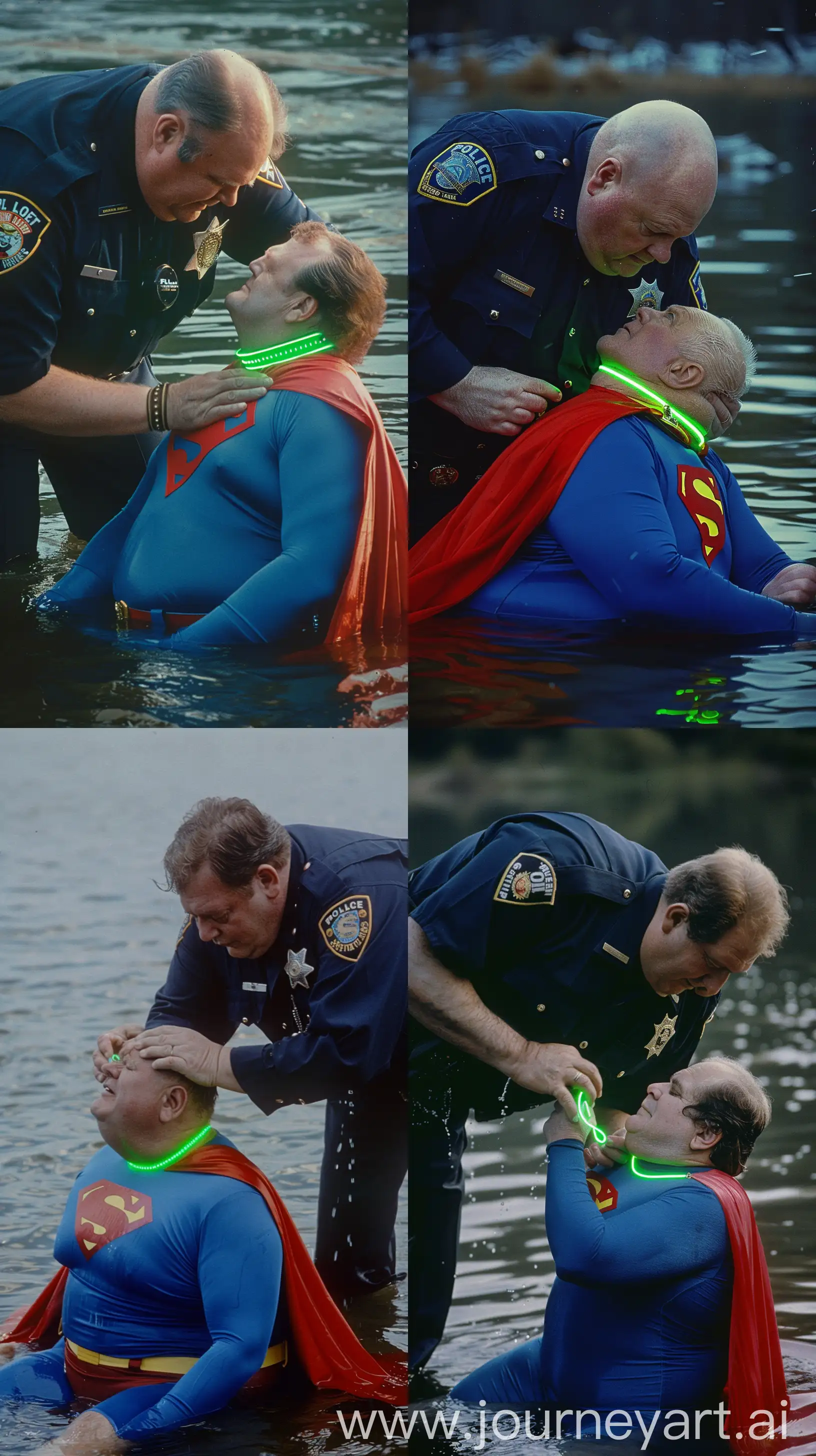 Close-up photo of a fat man aged 60 wearing a navy blue police uniform. He is bending and putting a tight green glowing neon dog collar on the nape of a fat man aged 60 wearing a tight blue 1978 superman costume with a red cape sitting in the water. River --style raw --ar 9:16