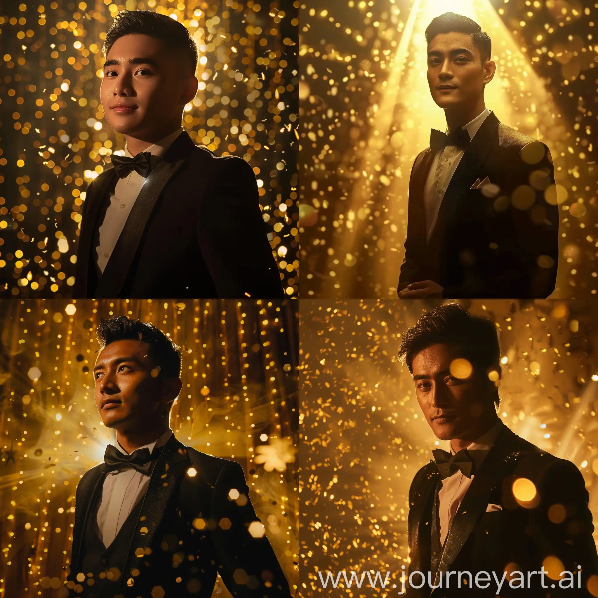 Cid Kageno from The Eminence In Shadow in a prom event using a Tuxedo with a Black-Tie, Golden background indoor and Golden Lights