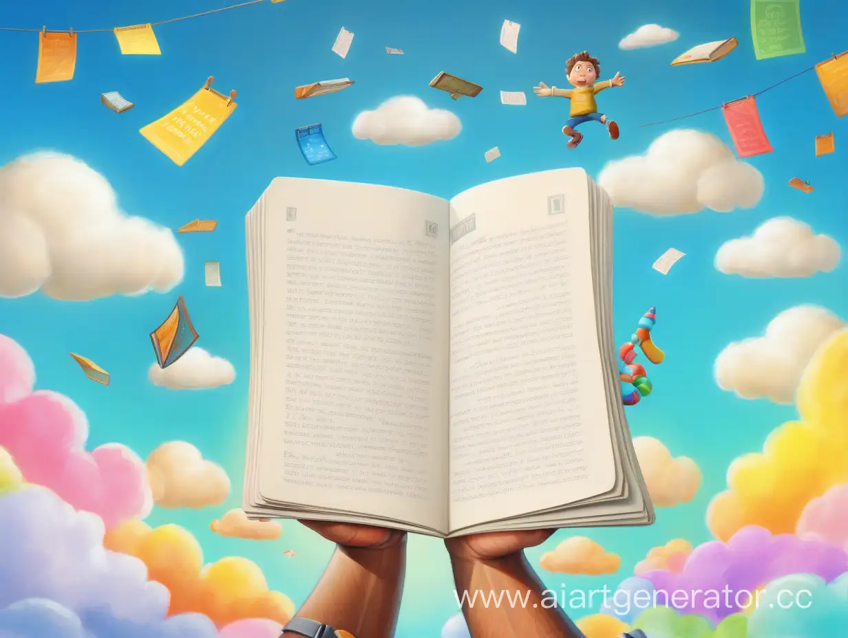 Person-Holding-Illustrated-Storybook-Against-Colorful-Cloud-Background