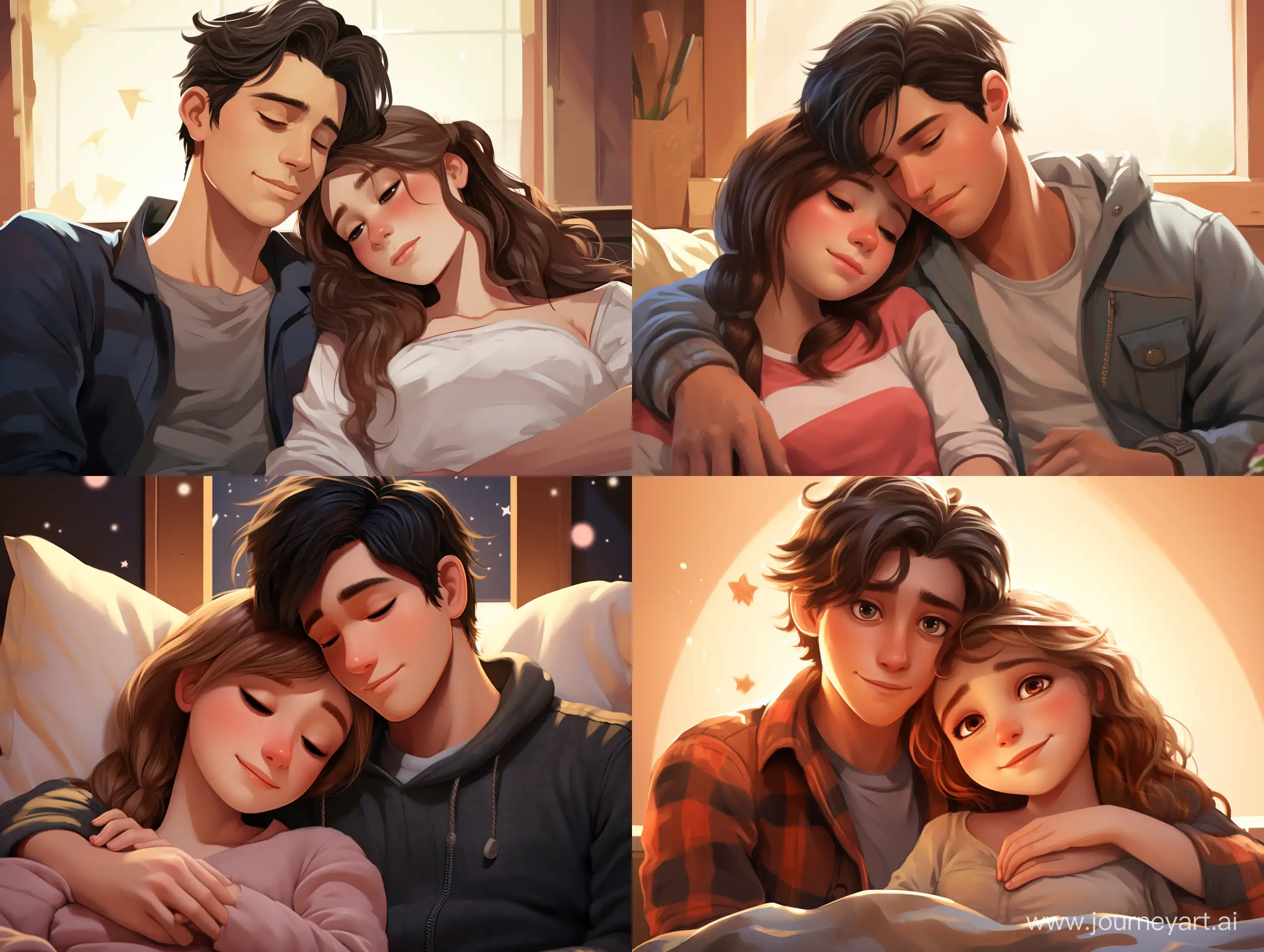 Cozy-Cartoon-Couple-Girl-Sleeping-on-Boyfriends-Shoulder
