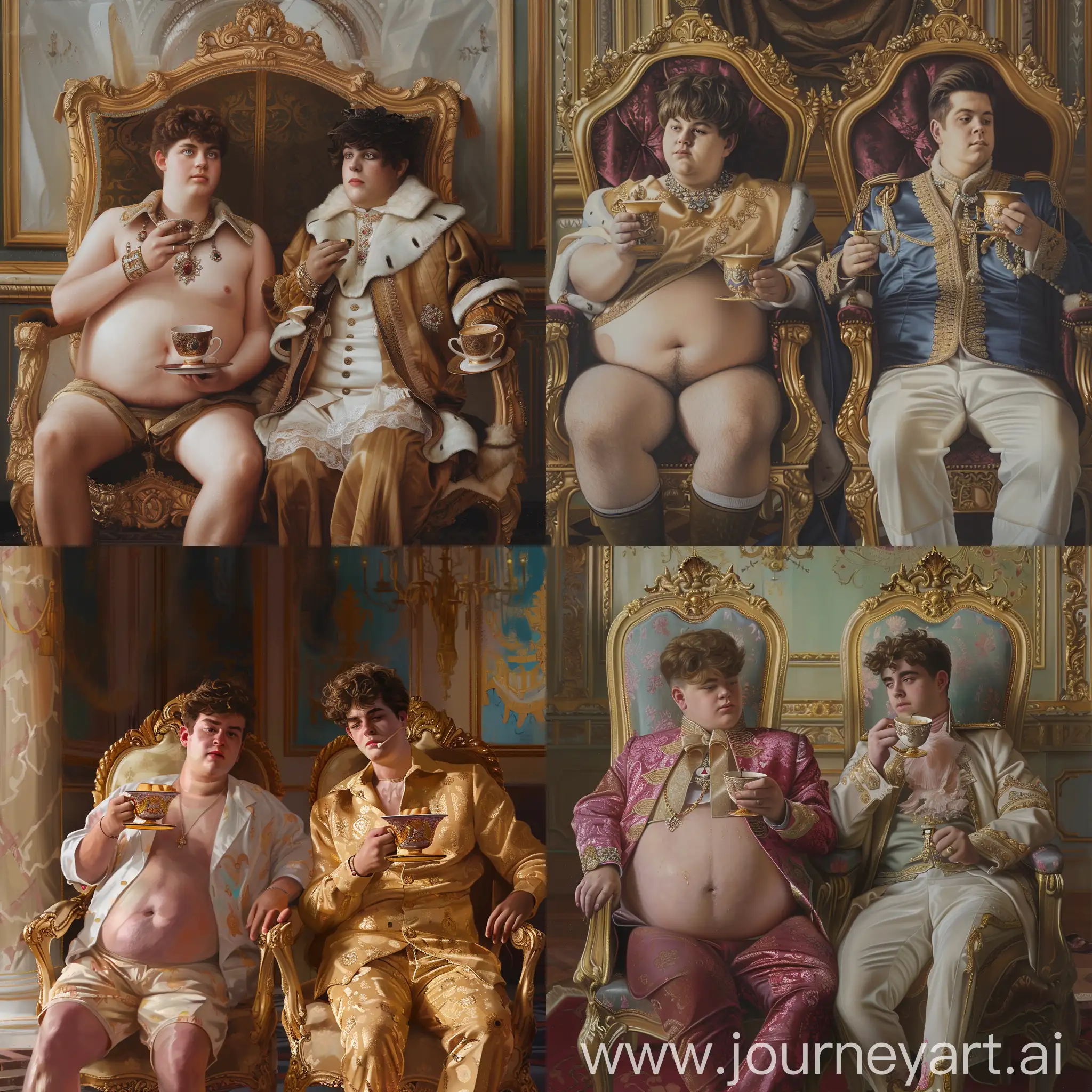 Royal realistic art: two young gays (one of them really fat). both sitting in royal chairs and drinking coffee from royal cups. Location: royal palace