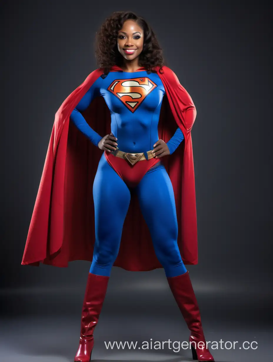 A beautiful African American woman with wavy hair, age 30, She is happy and muscular. She is wearing a Superman costume with (blue leggings), (long blue sleeves), red briefs, red boots, and a long cape. The symbol on her chest has no black outlines. She is posed like a superhero. Strong and powerful.