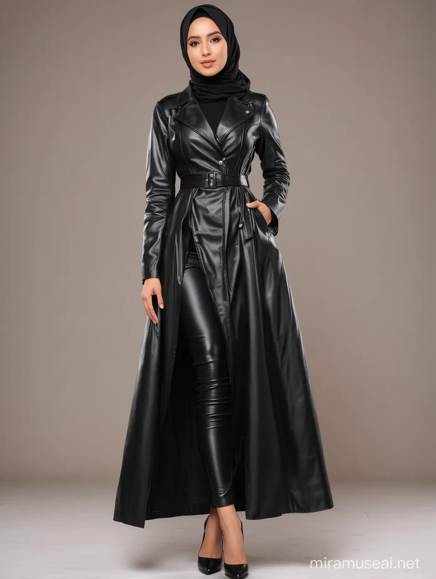 beautiful hijab woman wearing a long black leather coat