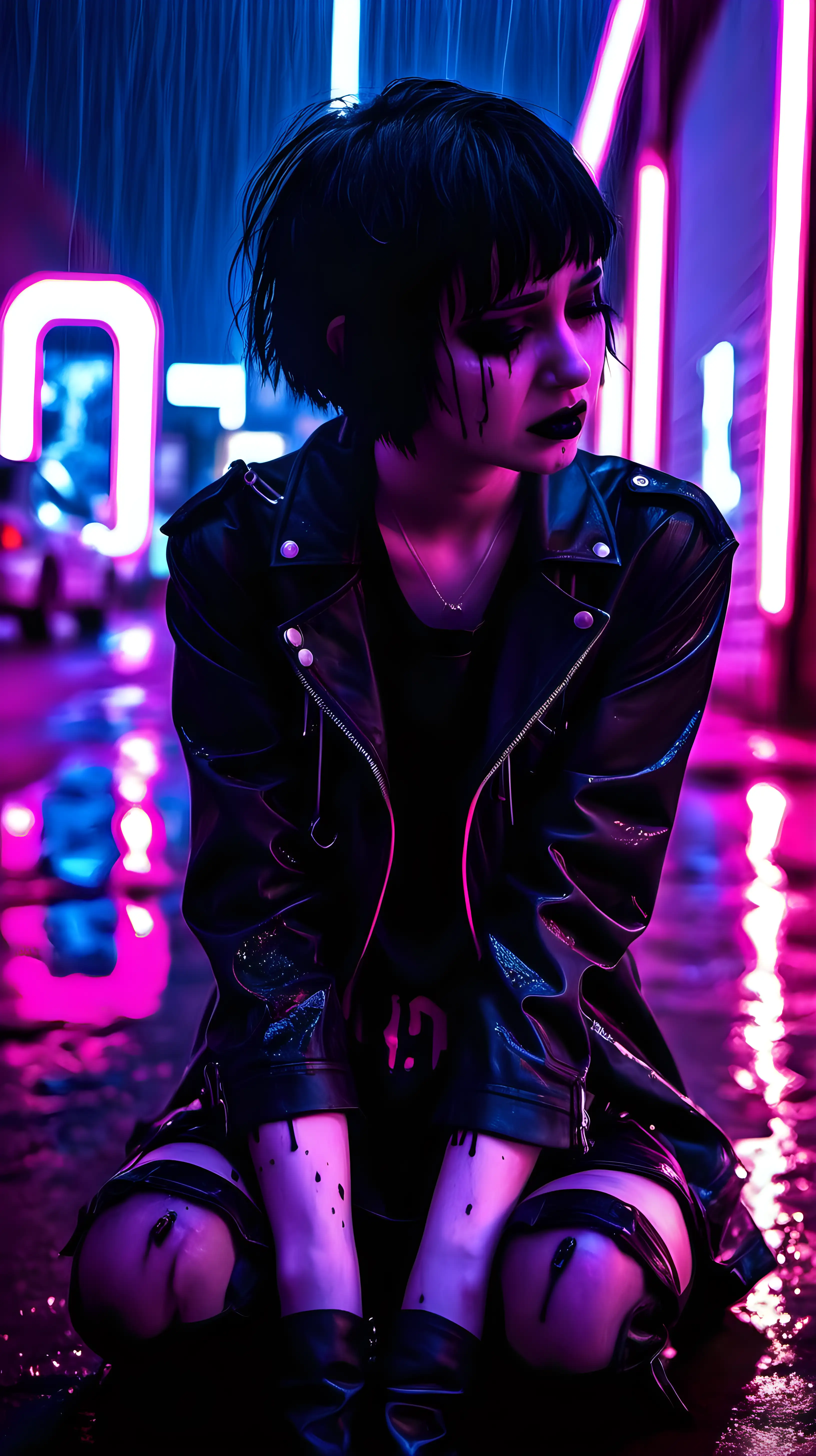 Goth girl. Short hair. Raining. Night. Pink Neon lights. Sitting. Crying. 