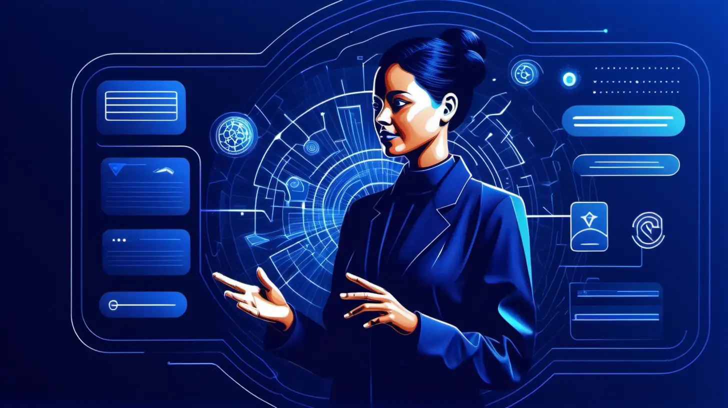create a futuristic image of an insurance customer interacting with generative AI, USE NAVY BLUE HUES