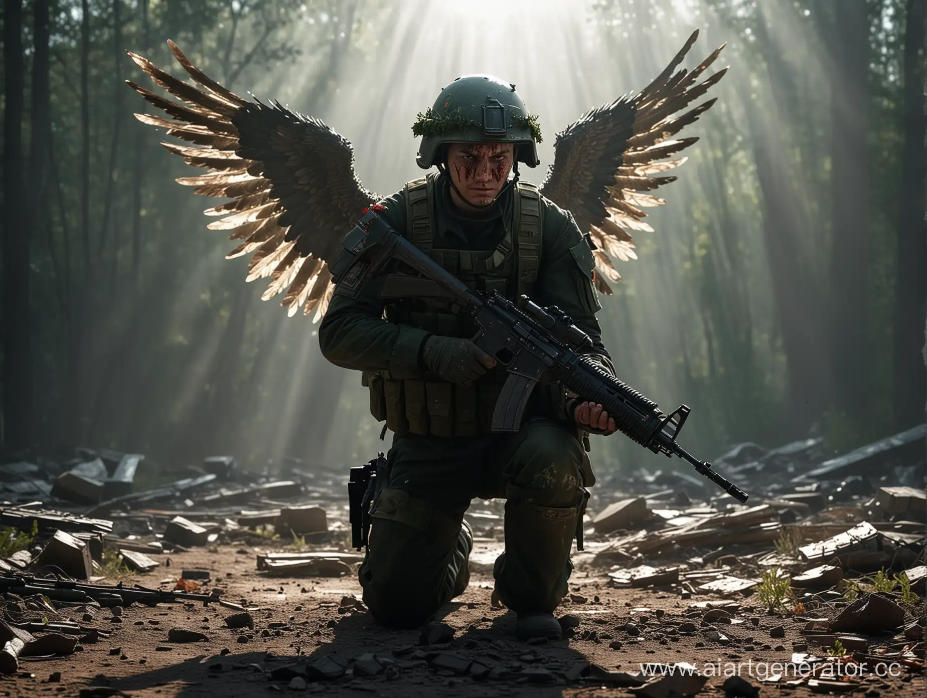 Russian-Modern-Soldier-in-Dark-Green-Uniform-Kneeling-with-AK12-Rifle-under-Sunlight