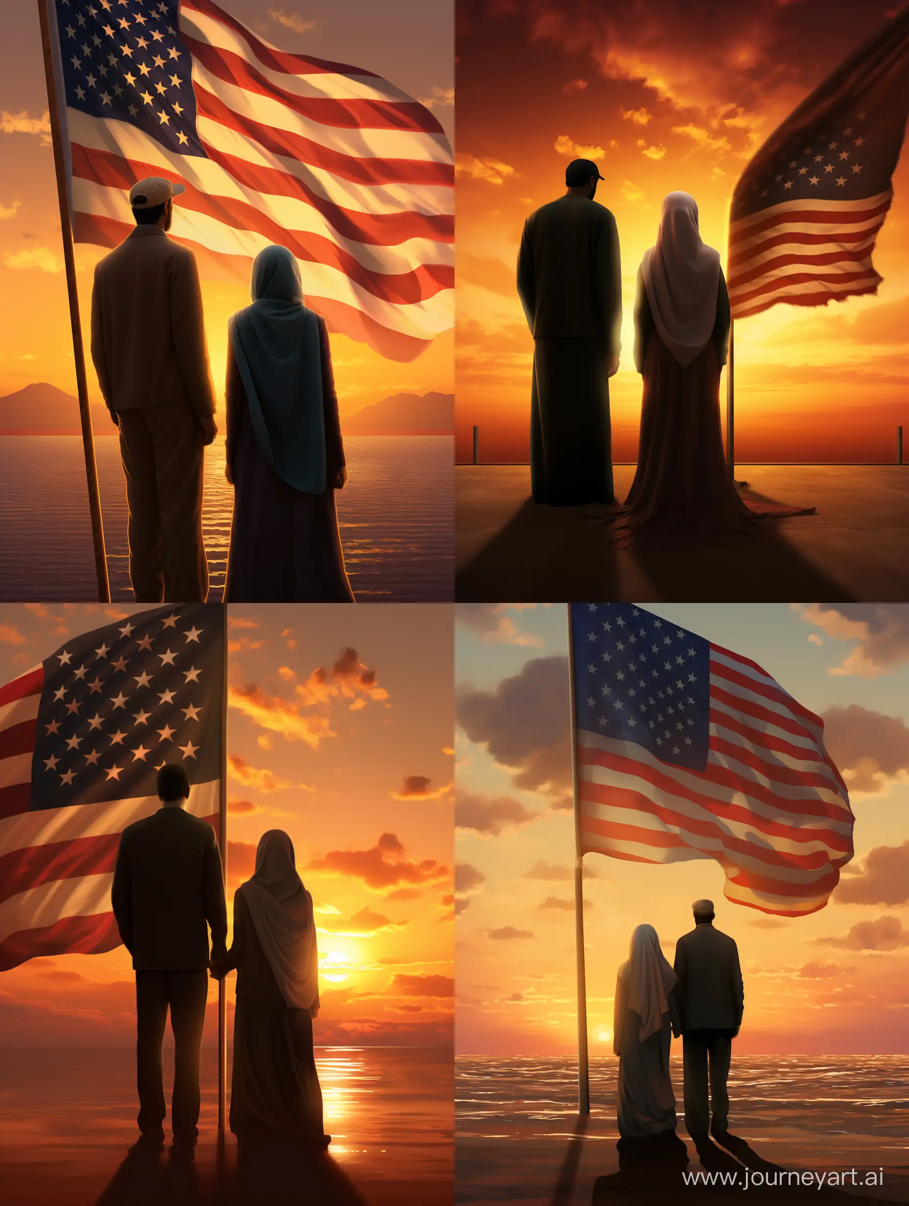 Pledge of allegiance of two Muslim people facing the sunset