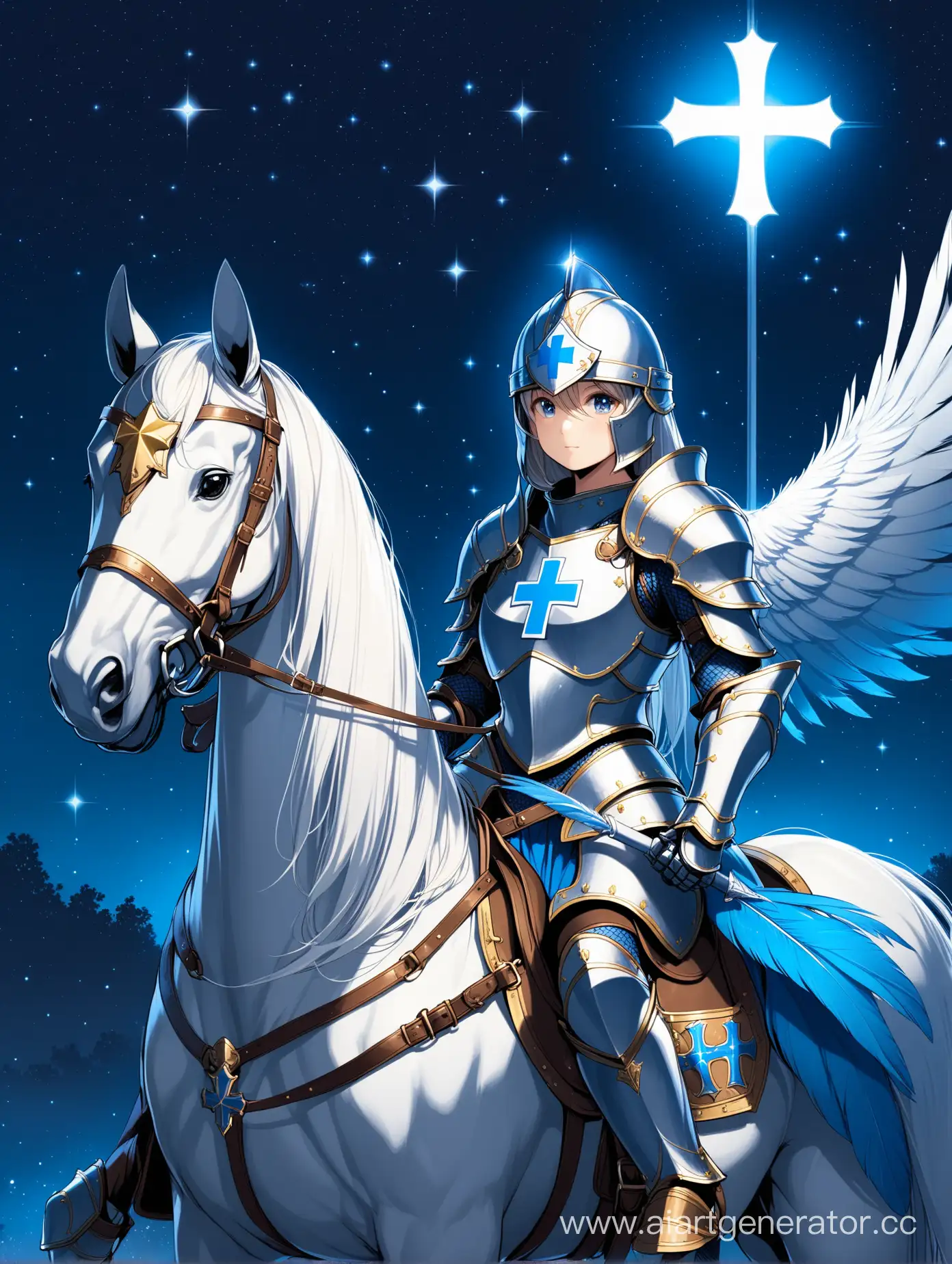 1girl, solo, night, horseback, armor, helmet, white and blue feathers, silver shield, blue cross, gold star, detailing