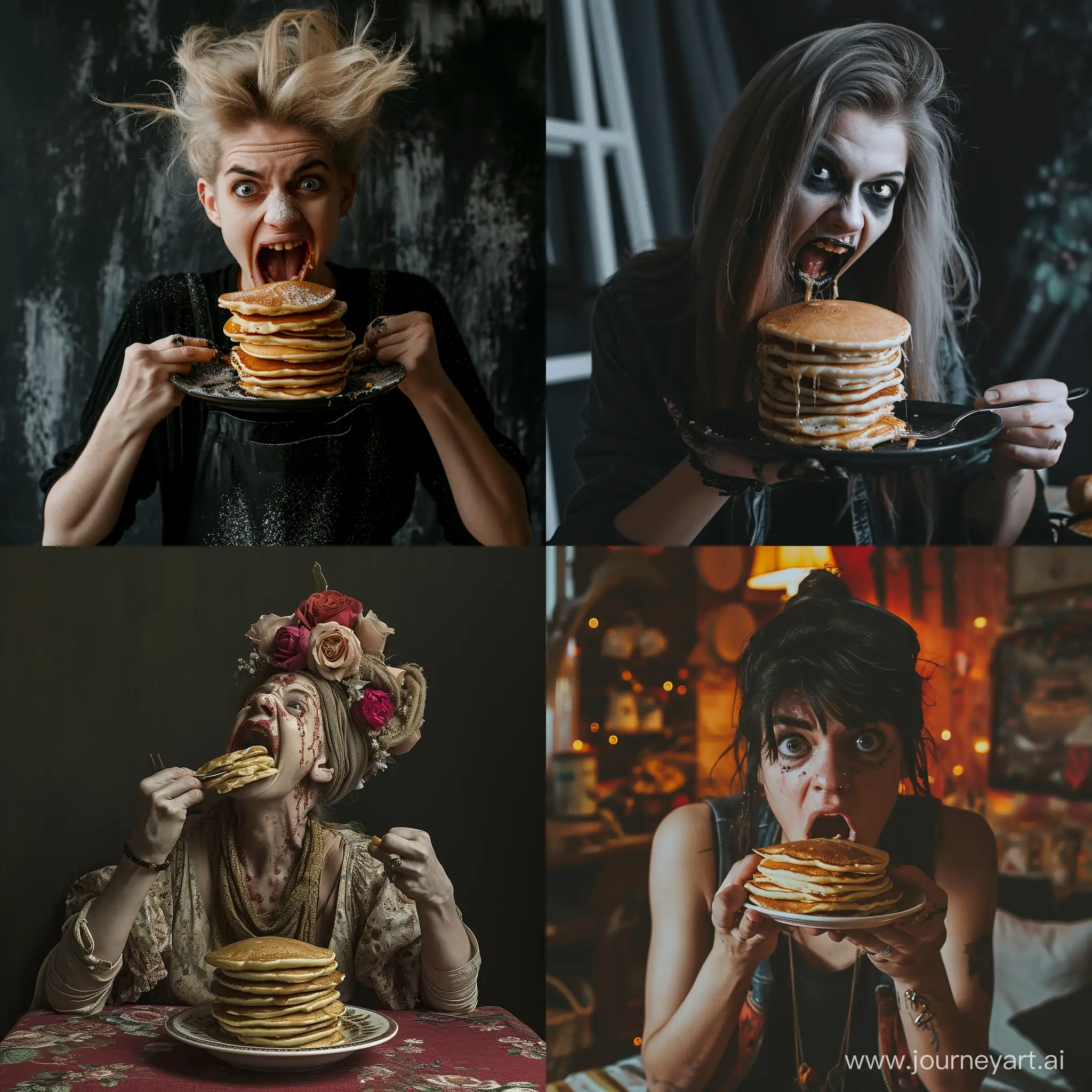 Eccentric-Woman-Enjoying-Pancakes-with-Unusual-Flair
