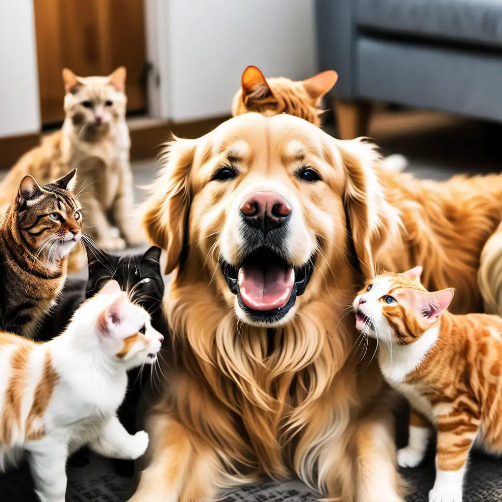 happy golden retriever surrounded by cats