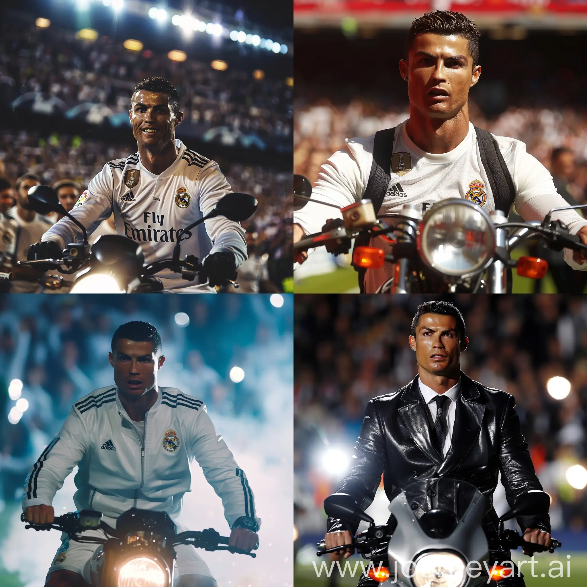 cinematic image of cristiano ronaldo making his entrance to the stadium riding a motorbike