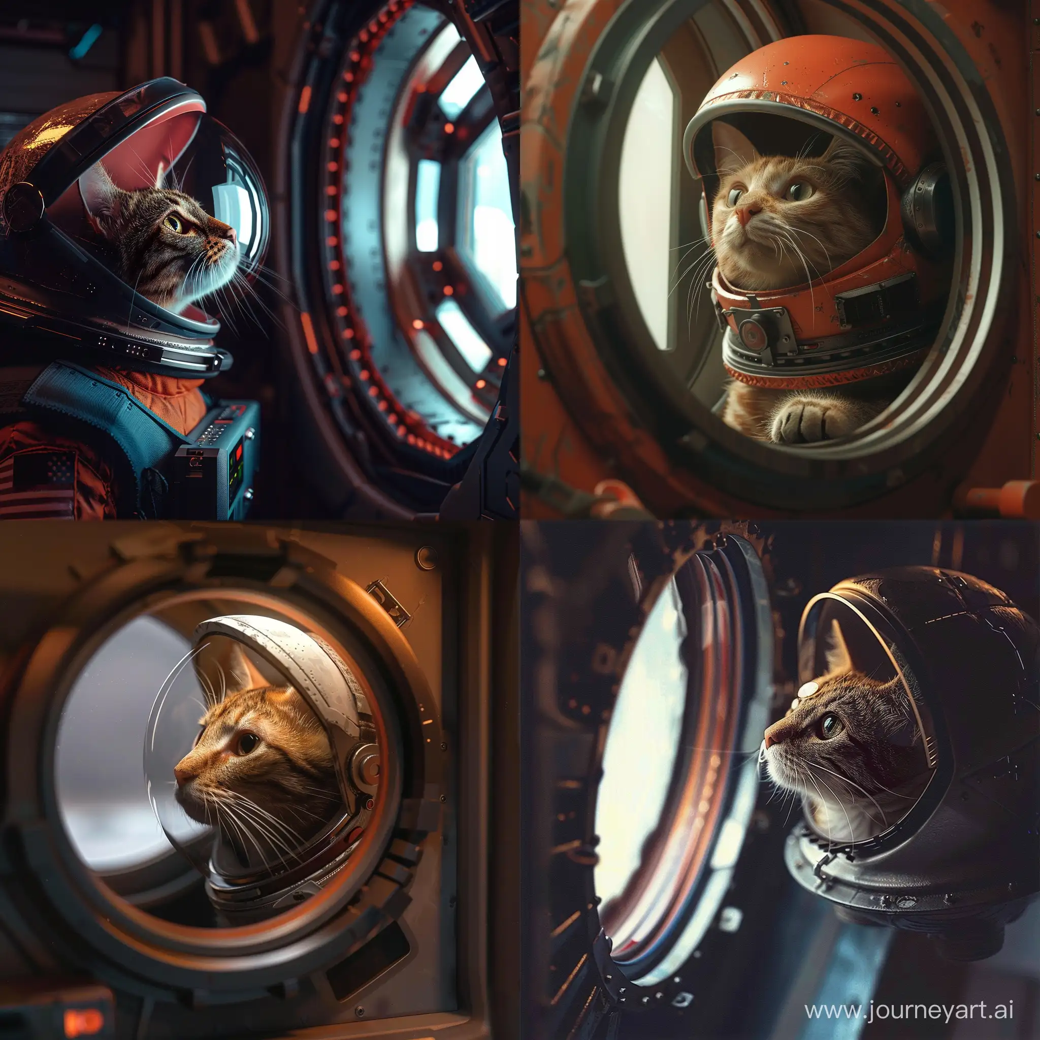 A photorealistic image of a cat wearing a tiny astronaut helmet, peering out a spaceship window. --v 6 --ar 1:1 --no 53379