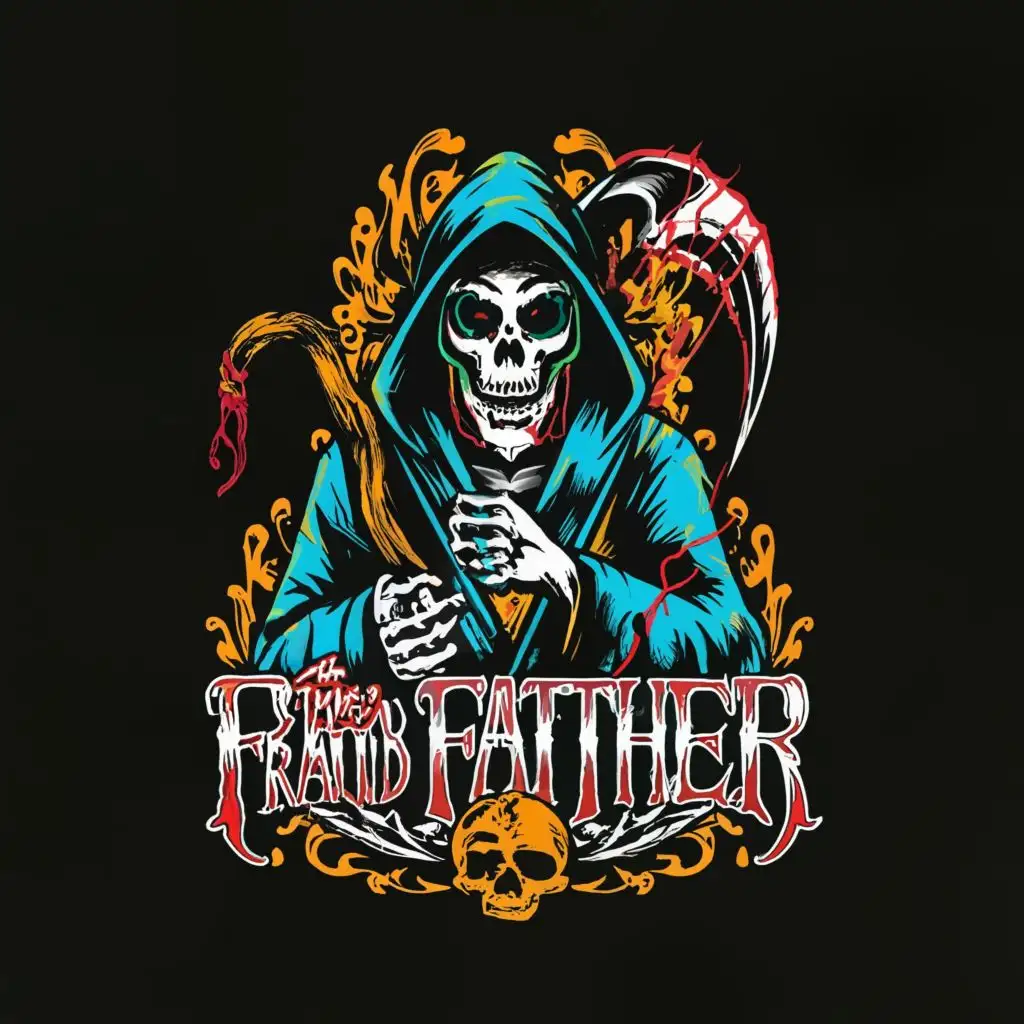 a logo design,with the text 'The Fraud Father', main symbol:grim reaper with day of the dead face paint,complex,be used in Entertainment industry,clear background energy paint drips and splatters