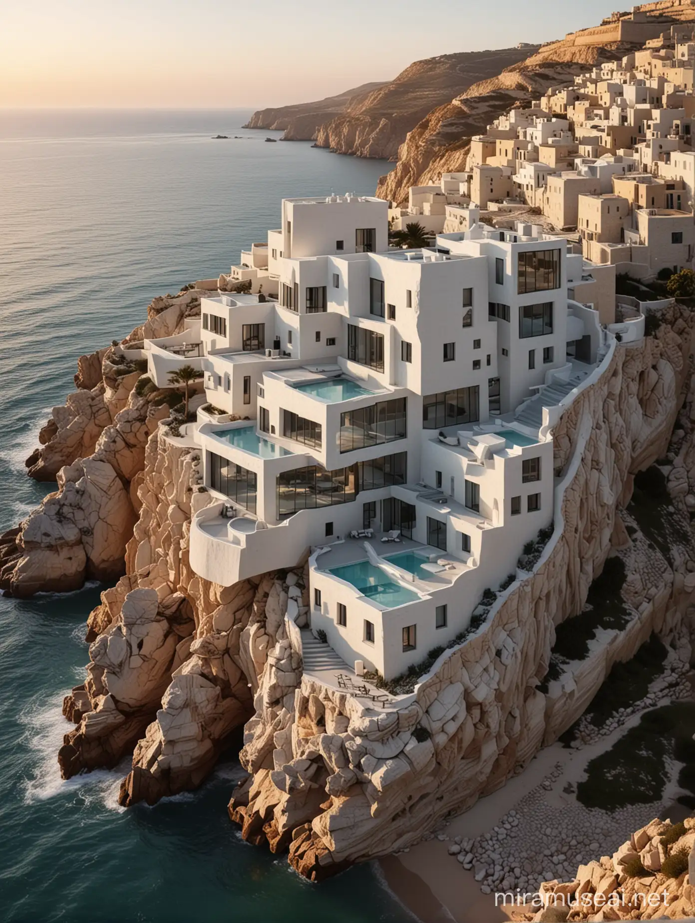 Carved architectures STYLE frank gehry modern many cubic architecture with glass and white stone, at the stone ,drone view, modern architectures  and the black plaster,  at the cost of malta near the sea with rock, sunset, 32k cinematic light hyper-reliastic photo light inside the architecture 32k