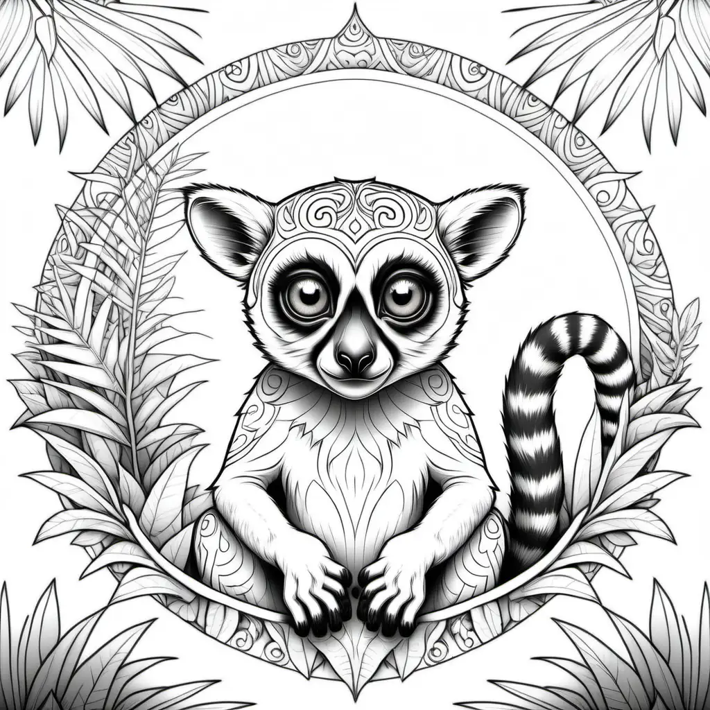 coloring page for adults, mandala, jungle image (Lemur plain eyes with tail showing), white background, clean line art, fine line art--HD--AR 2:3