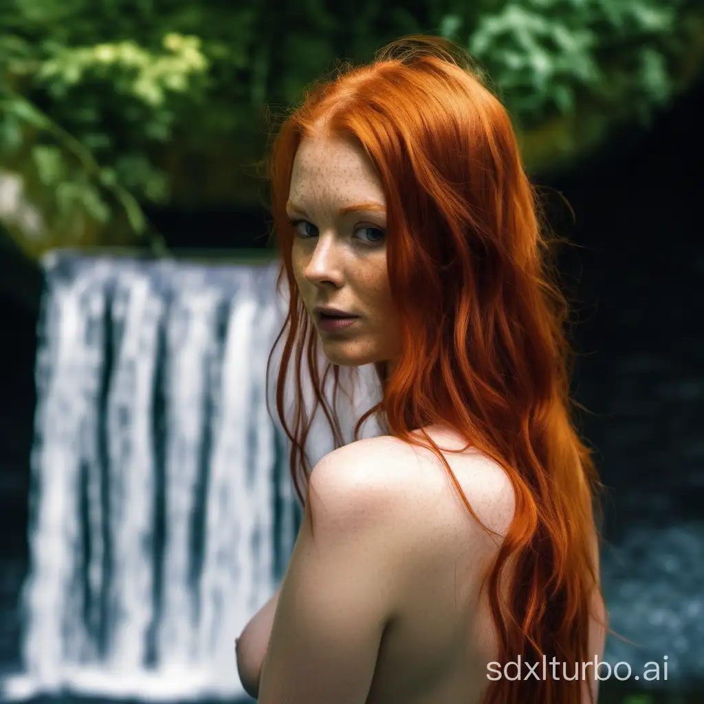 Young woman front irish red-hair front big pure front tits pure front face of face bathroom backend the waterfall. 