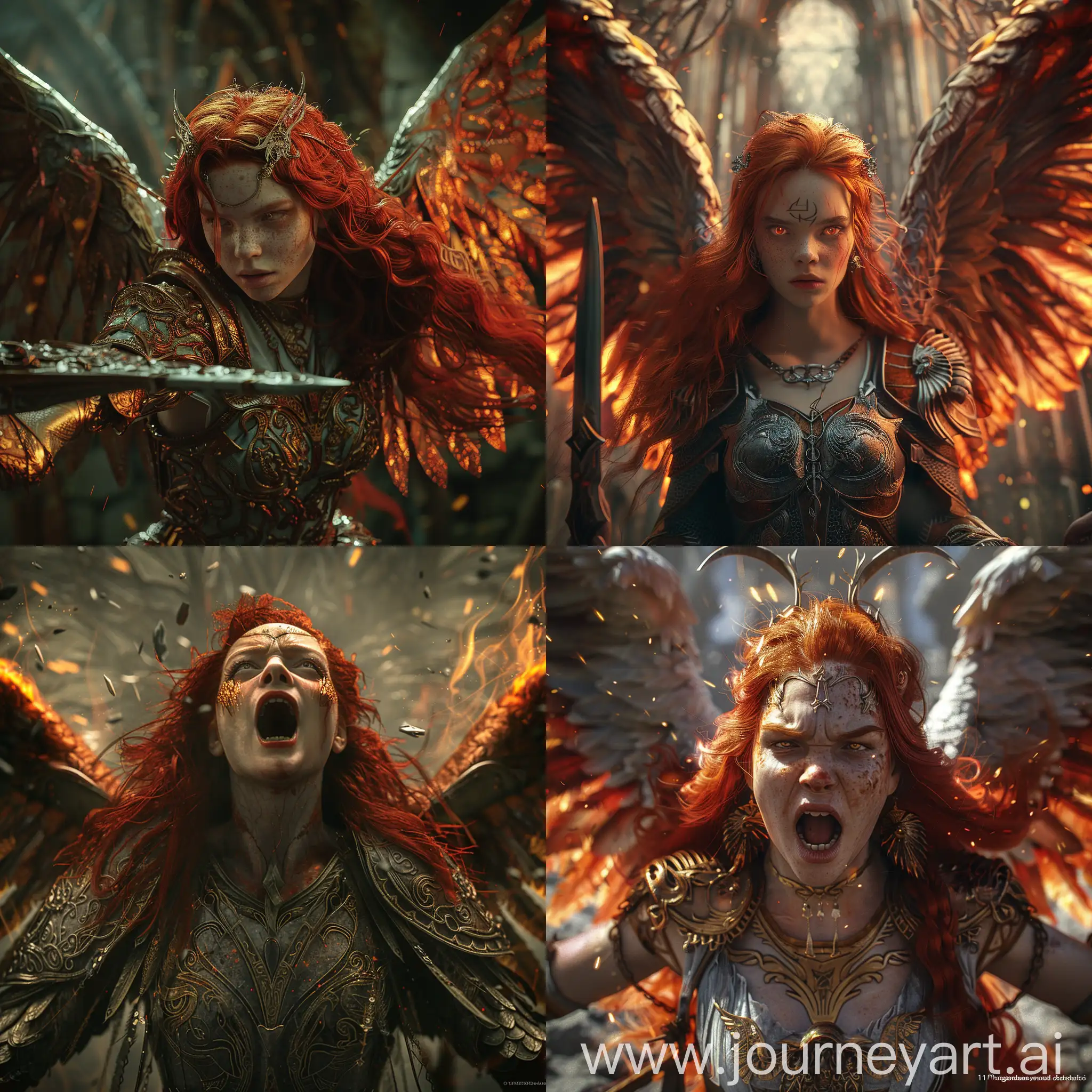 1girl, valkyrie, perniciosam risus, Fire wings, burning wings, red hair, warrior, middle of the battle, serious look, battle cry, malenia elden ring look like character design, fere sword, octane render, volumetric lighting, cinematic, detailed, ornate, intricate detail, smoioth and moody tones