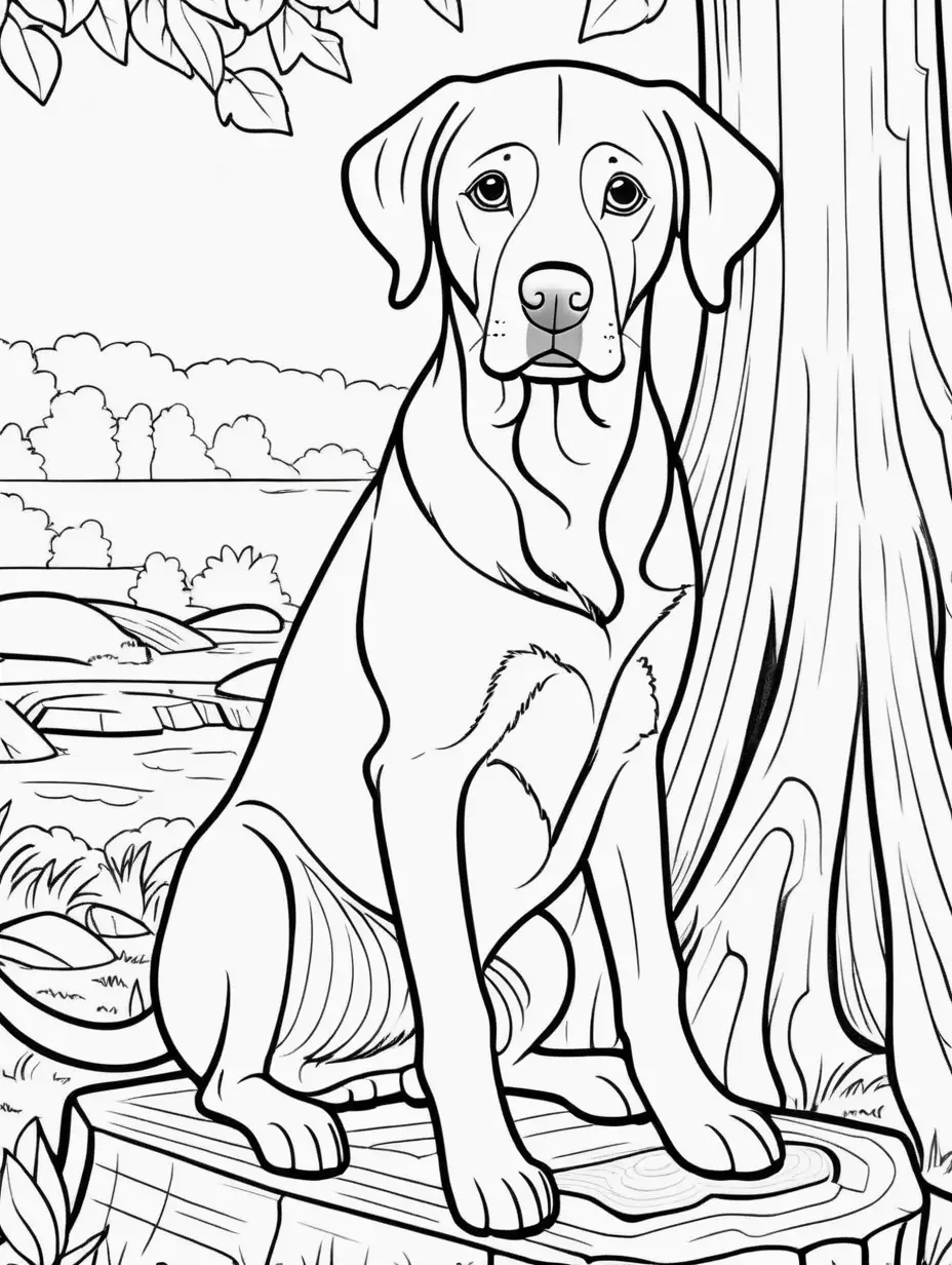 Labrador Dog Coloring Page by a Tree Stump