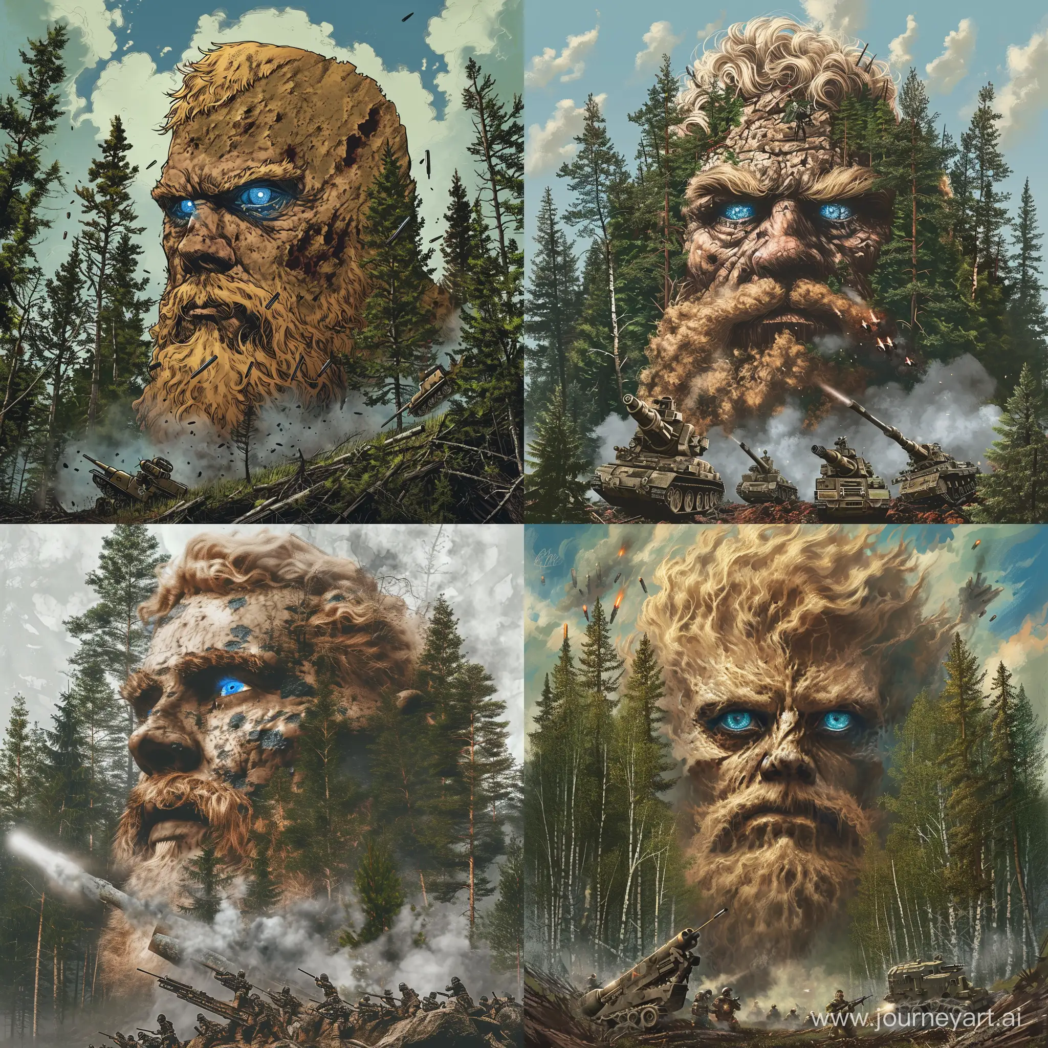 Mountain of man (human Slavic head with trees in background, he with powerful blue eyes, beard and blond hair) More Slavic appearance, birches and spruce in background. A man of Slavic appearance (mountain) blows away enemy mortars, howitzers, infantry