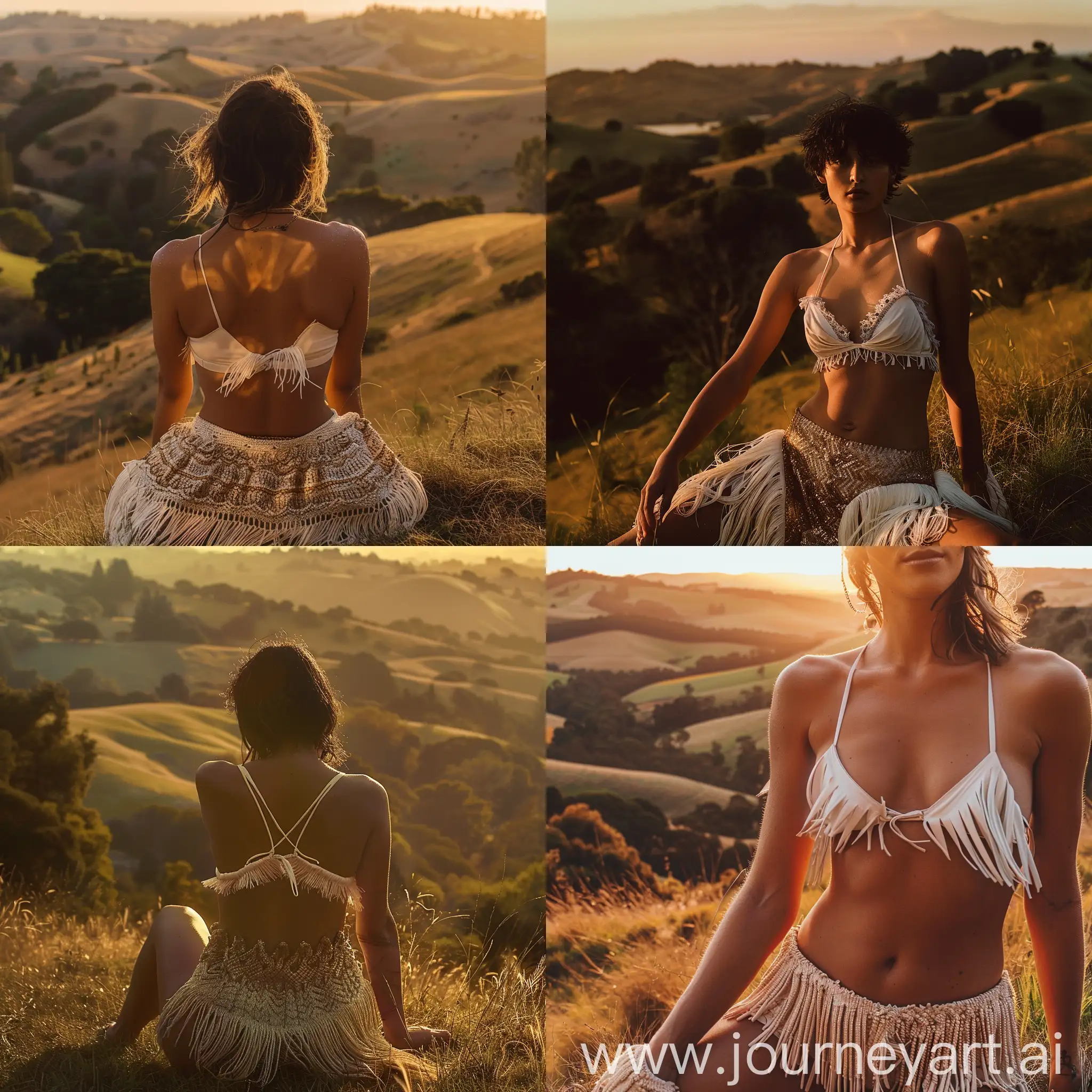  a person in a bohemian outfit against a scenic backdrop during the golden hour. The person is wearing a white bikini top with fringes and a textured skirt with fringes, sitting on a grassy hillside. The landscape includes rolling hills, trees, and warm colors, creating a serene and peaceful atmosphere. 