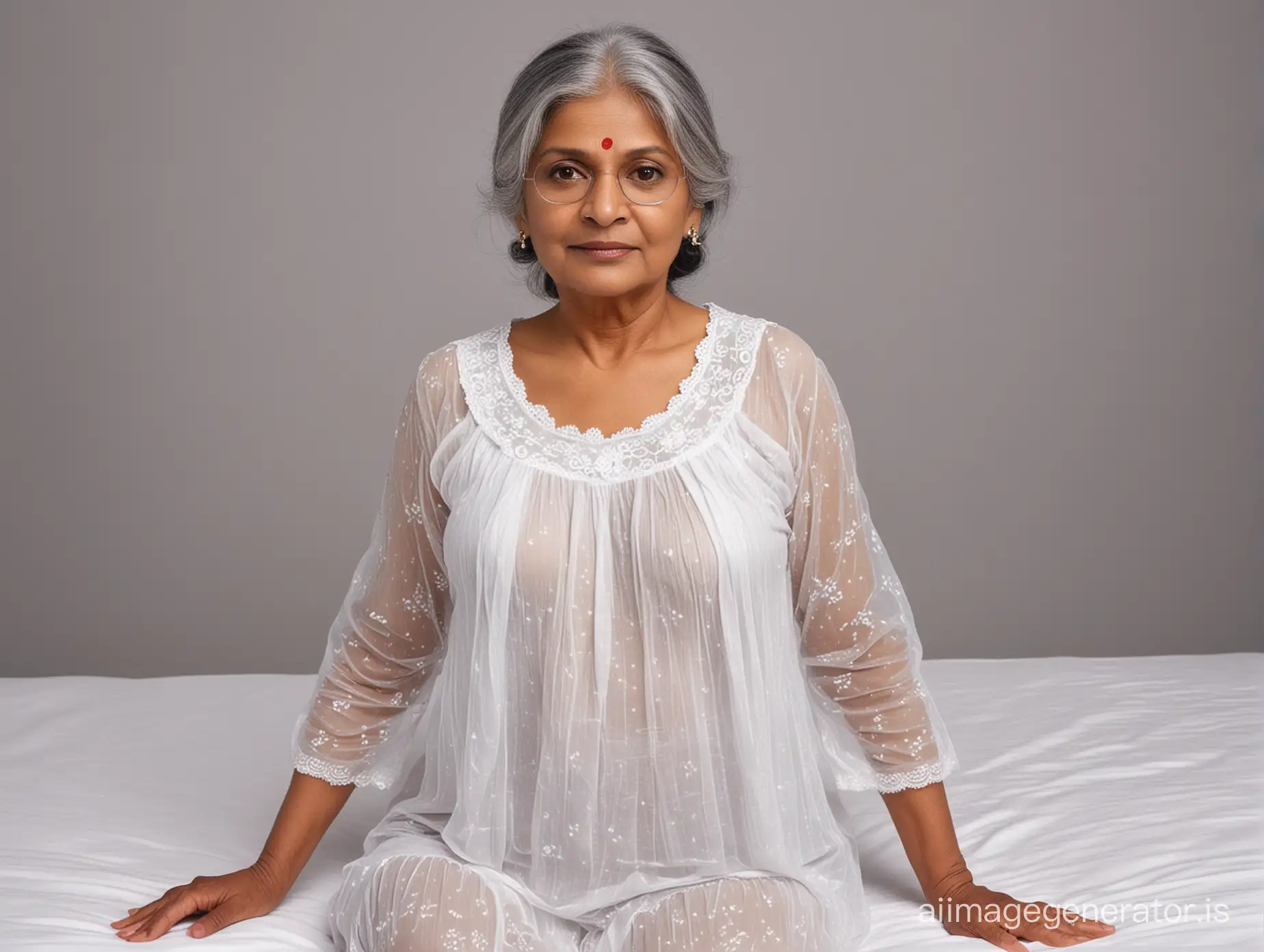 Front view of 60 years old Indian granny with gray hair with 40dd breast in white transparent baby doll night dress