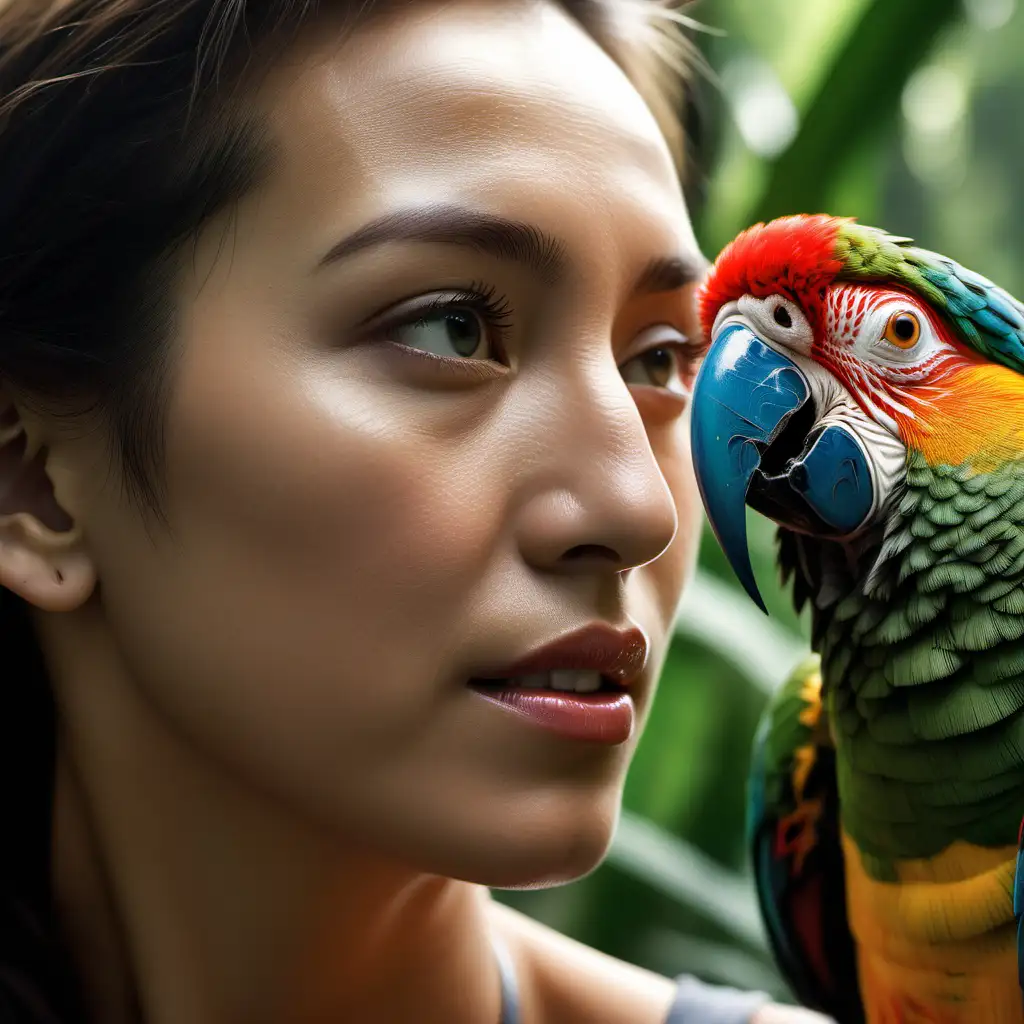 Enchanting Woman with ParrotInspired Beauty in Lush Jungle Ambiance