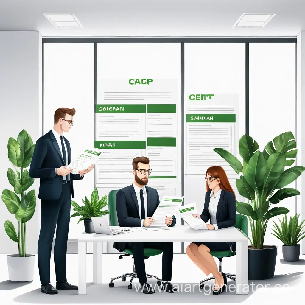 2 employees, a man and a woman, are reviewing the resumes of candidates for the position of manager in the office.   a modern office with plants. on a white background
