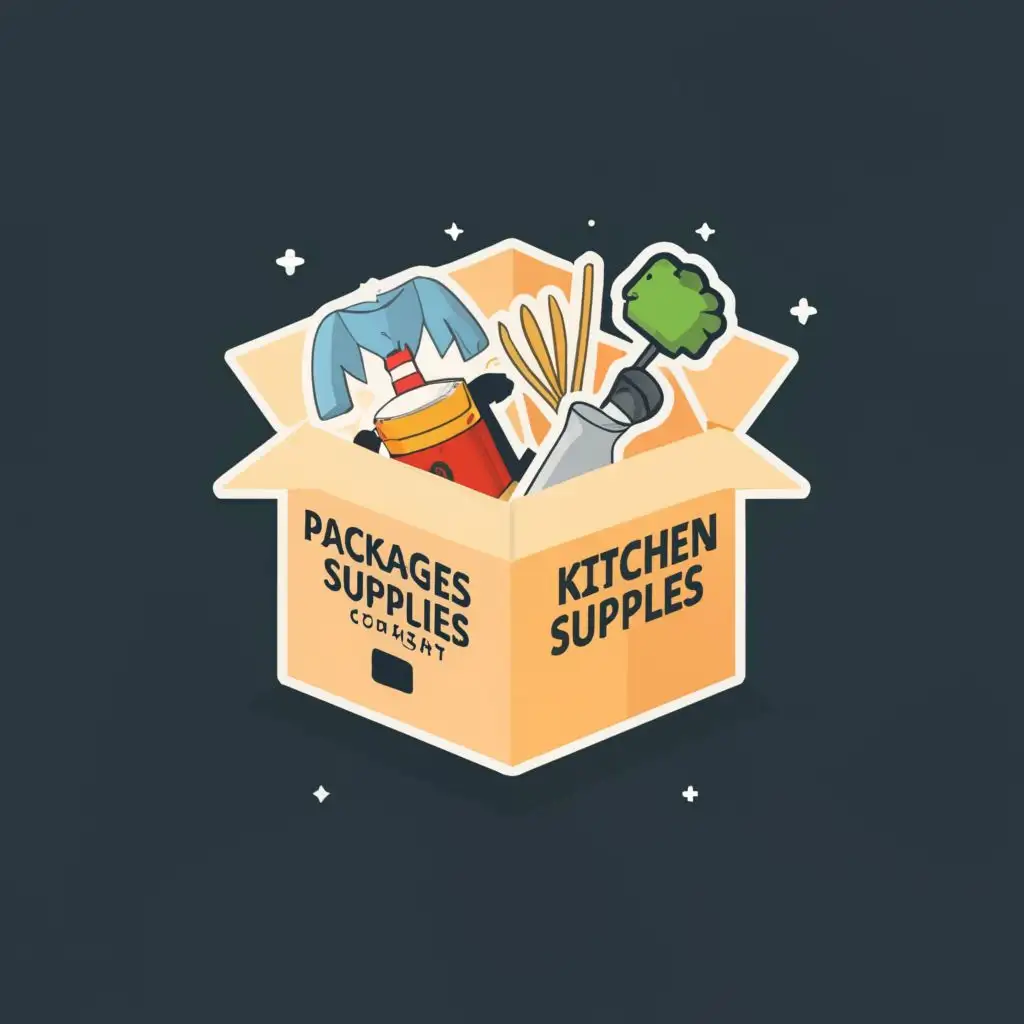 logo, box, with the text "packages, toys, kitchen supplies, moving equipment, cleaning stuff, ", typography