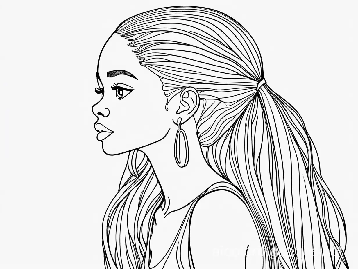 Pretty black woman side view natural long hair , Coloring Page, black and white, line art, white background, Simplicity, Ample White Space. The background of the coloring page is plain white to make it easy for young children to color within the lines. The outlines of all the subjects are easy to distinguish, making it simple for kids to color without too much difficulty