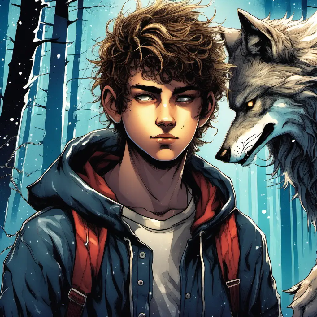 Teenage Fantasy Book Cover 15YearOld Guy with Messy Hair and a Wolf