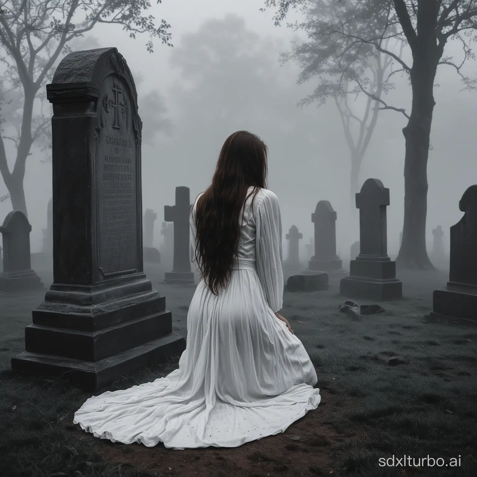 The woman in long hair and white clothes kneels in front of the tombstone. Her face cannot be seen. The atmosphere is eerie, surrounded by thick black fog. Everything is pitch black.