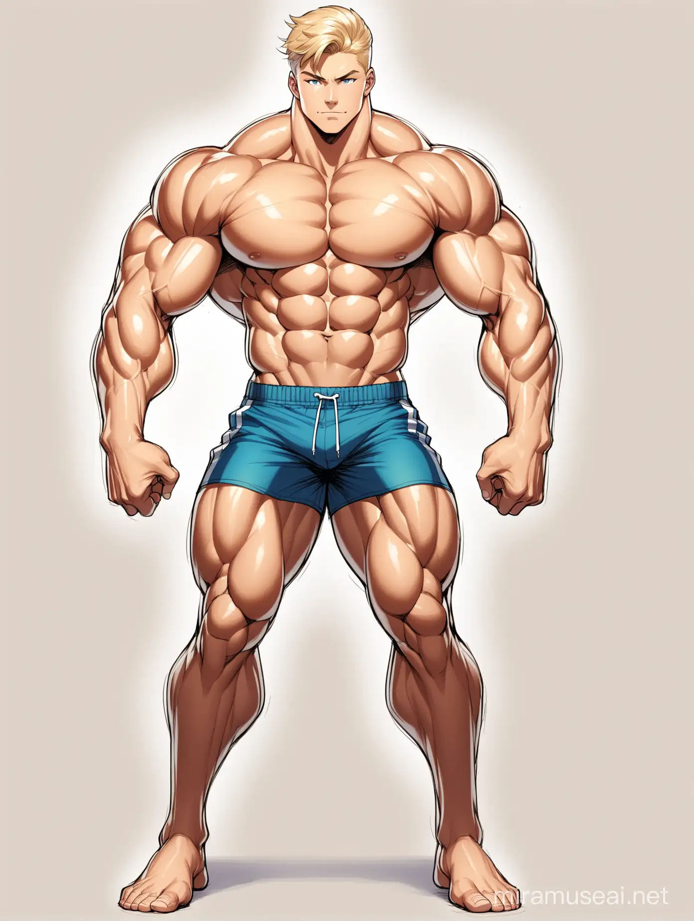 Full color drawing of an extremely muscular blond teenage male with very a beautiful, delicate face, wide shoulders, huge biceps, hard six-pack abs, and very strong and powerful legs, wearing shorts or trunks