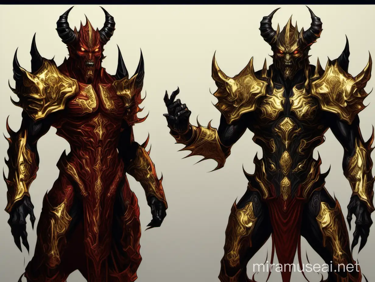 a portrait of twin demon entities, both of them wearing body armor, one of them has gold color, another one has black and reddish color