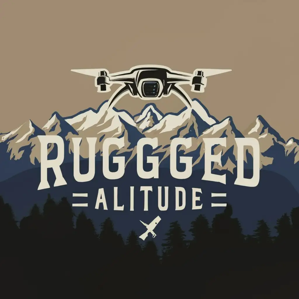 logo, Drone and mountains, with the text "Rugged altitude", typography