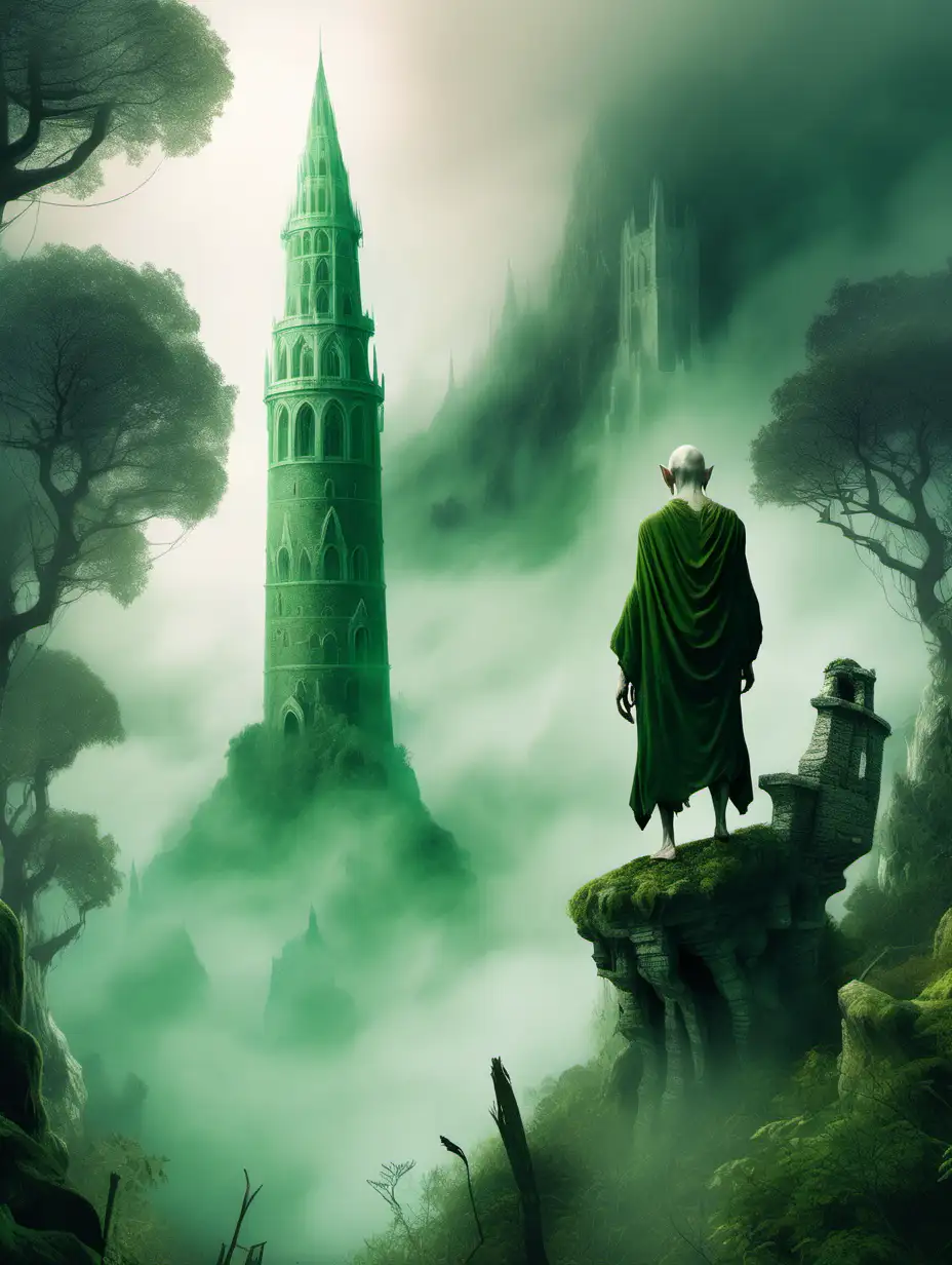 gollum de color verde con una tunica , en una bosque lleno de niebla y detras suya una enorme torre blanca