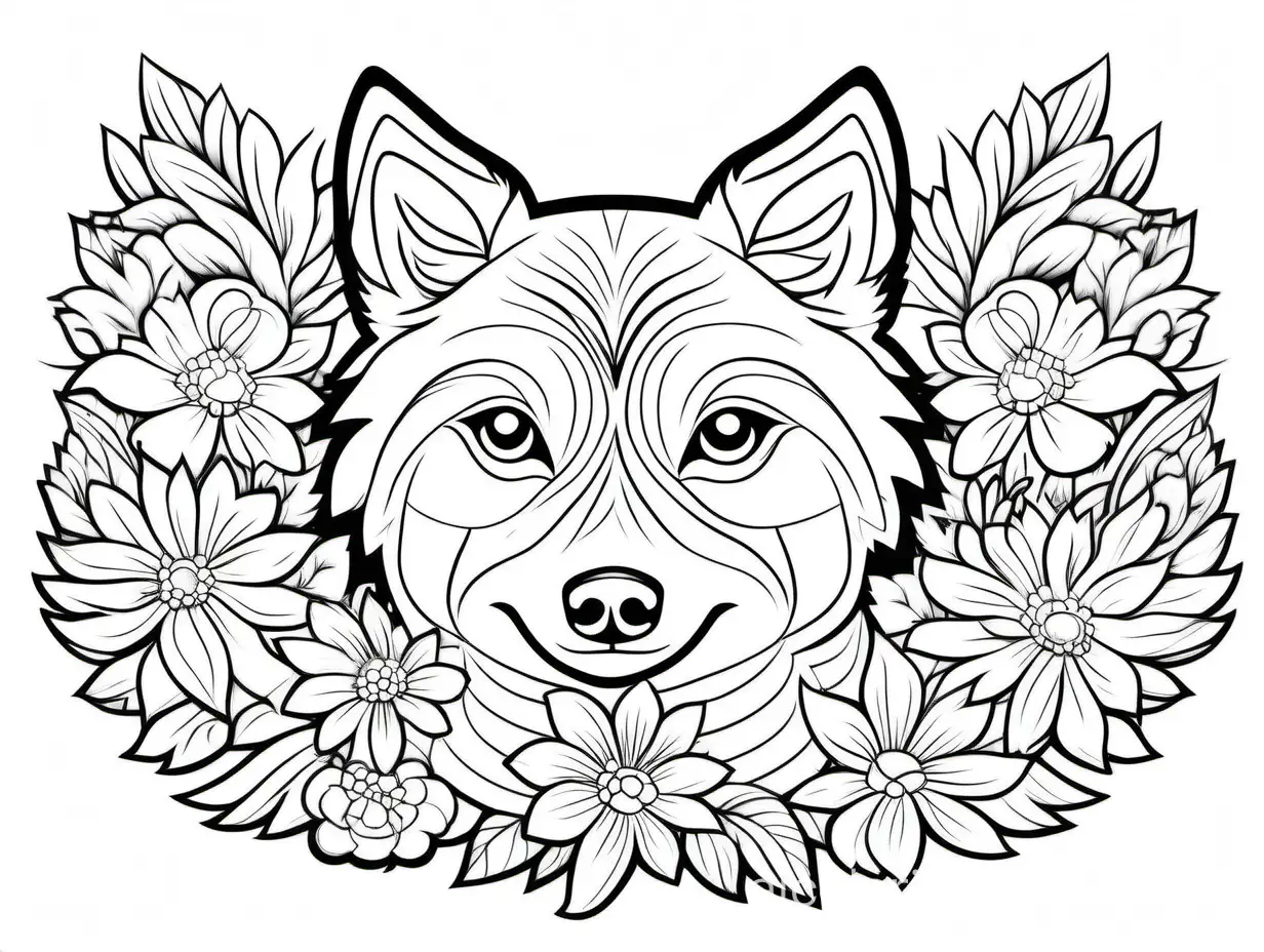a cute husky clean line art, flower floral, coloring book page, white background, Coloring Page, black and white, line art, white background, Simplicity, Ample White Space. The background of the coloring page is plain white to make it easy for young children to color within the lines. The outlines of all the subjects are easy to distinguish, making it simple for kids to color without too much difficulty